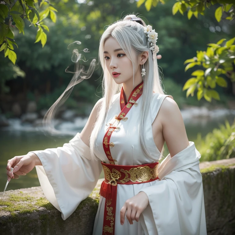 ancient Chinese style mythology,Fantasy novels,Beautiful CG monk,Chinese woman,White-haired witch,faeries,Large breasts ,great asa,Ultra HD Wallpapers Best Quality, 4K, 8K, A high resolution, tmasterpiece:1.2), ultra - detailed, 18,smokes, Drink and be beautiful with ancient Chinese costumes