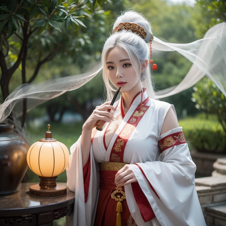 ancient Chinese style mythology,Fantasy novels,Beautiful CG monk,Chinese woman,White-haired witch,faeries,Large breasts ,great asa,Ultra HD Wallpapers Best Quality, 4K, 8K, A high resolution, tmasterpiece:1.2), ultra - detailed, 18,smokes, Drink and be beautiful with ancient Chinese costumes