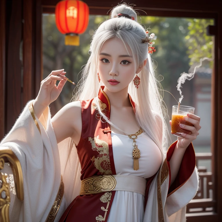ancient Chinese style mythology,Fantasy novels,Beautiful CG monk,Chinese woman,White-haired witch,faeries,Large breasts ,great asa,Ultra HD Wallpapers Best Quality, 4K, 8K, A high resolution, tmasterpiece:1.2), ultra - detailed, 18,smokes, Drink and be beautiful with ancient Chinese costumes