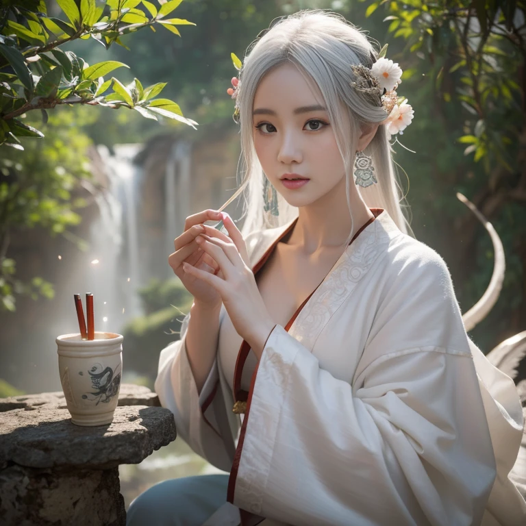 ancient Chinese style mythology，Fantasy novels，Beautiful CG monk，Chinese woman，White-haired witch，faeries，Large breasts ，great asa，Ultra HD Wallpapers Best Quality, 4K, 8K, A high resolution, tmasterpiece:1.2), ultra - detailed, 18，smokes, Drink and be beautiful with ancient Chinese costumes