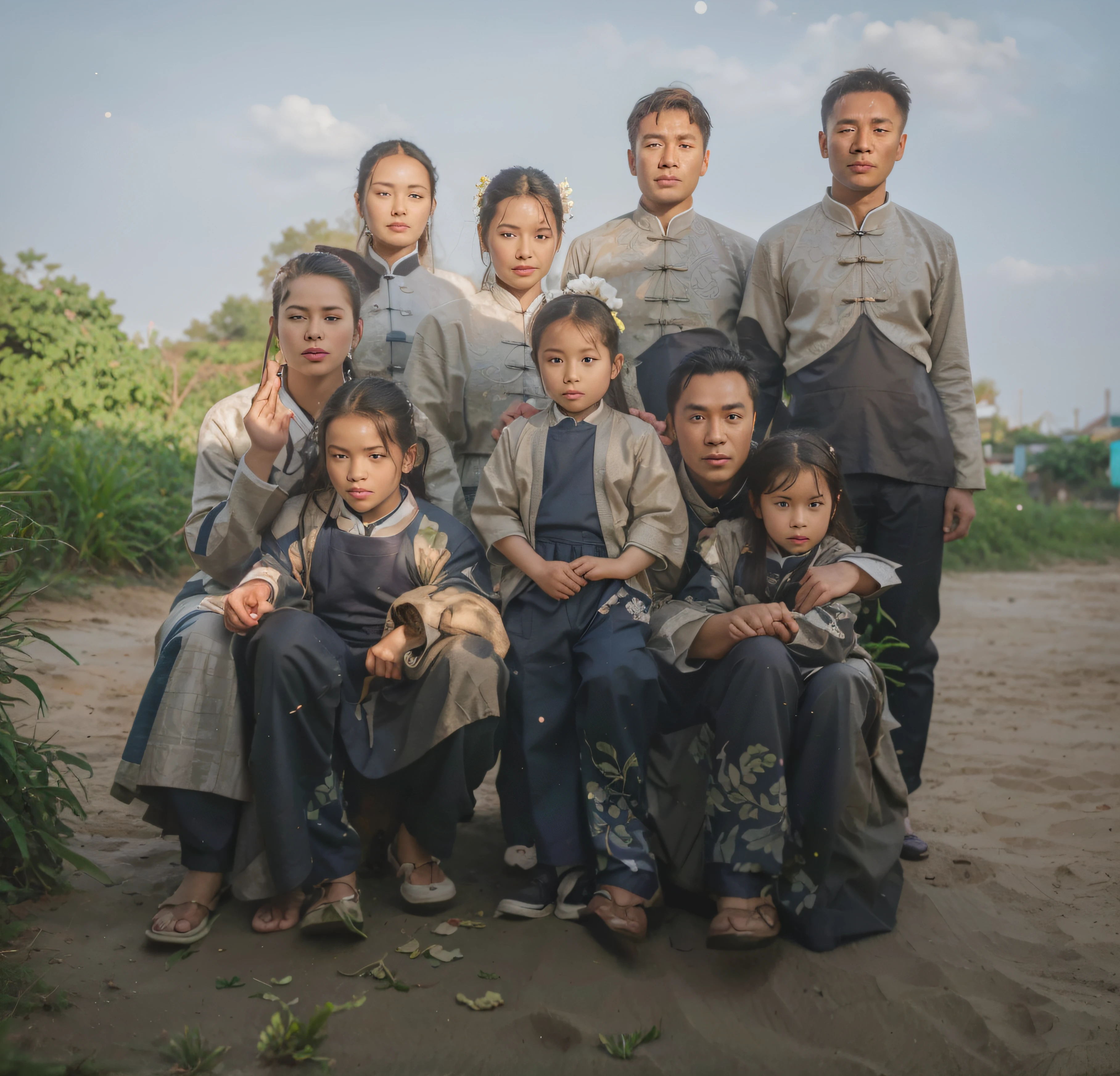 Chinese family group photo,in the wild,Green plants in the background,There are white clouds and blue sky,Wearing traditional Chinese clothing with a stand collar,Face emaciation,without a beard,Good facial features,Symmetrical facial features,The ears are symmetrical and clear,Ultra-clear and realistic facial features,He was wearing traditional Chinese clothing,The texture of the clothes is clear,Ultra-clear texture,Camera shooting effect,Light and shadow are natural,Symmetrical clothes,The collar is symmetrical and coordinated,Ultra-clear realistic 8K,Women's facial features are symmetrical,beautiful and natural hair,Symmetrical collar,Very detailed eyes and face,hyper-detailing, High definition, Very detailed, Best quality, Masterpiece, , Realistis, Real, 8K wallpaper,(Photorealistic: 1.2) (Bokeh: 1.2) (Best quality) (Color grading) (Detailed skins: 1.3) (complex) (8K)(Movie lighting: 1.3) (Sharp focus), Glossy glossy skin, Front-facing Ultra HD, Digital SLR, Soft lighting, High quality, Skin texture, filmgrain, Close up, 超高分辨率,