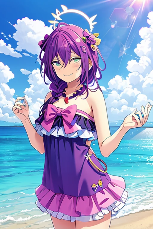 best quality, masterpiece, highres, highly detailed, 1girl, yellow eyes, purple hair, twintails, long hair, ribbons, hat, purple dress, frills, layered dress, CureCoral, digital artwork, illustrative, <lora:Detail - add_detail:0.1>, <lora:Detail - more_details:0.2>,  hawaii, tropical beach, excited, <lora:Character - CureCoralV1:0.7>