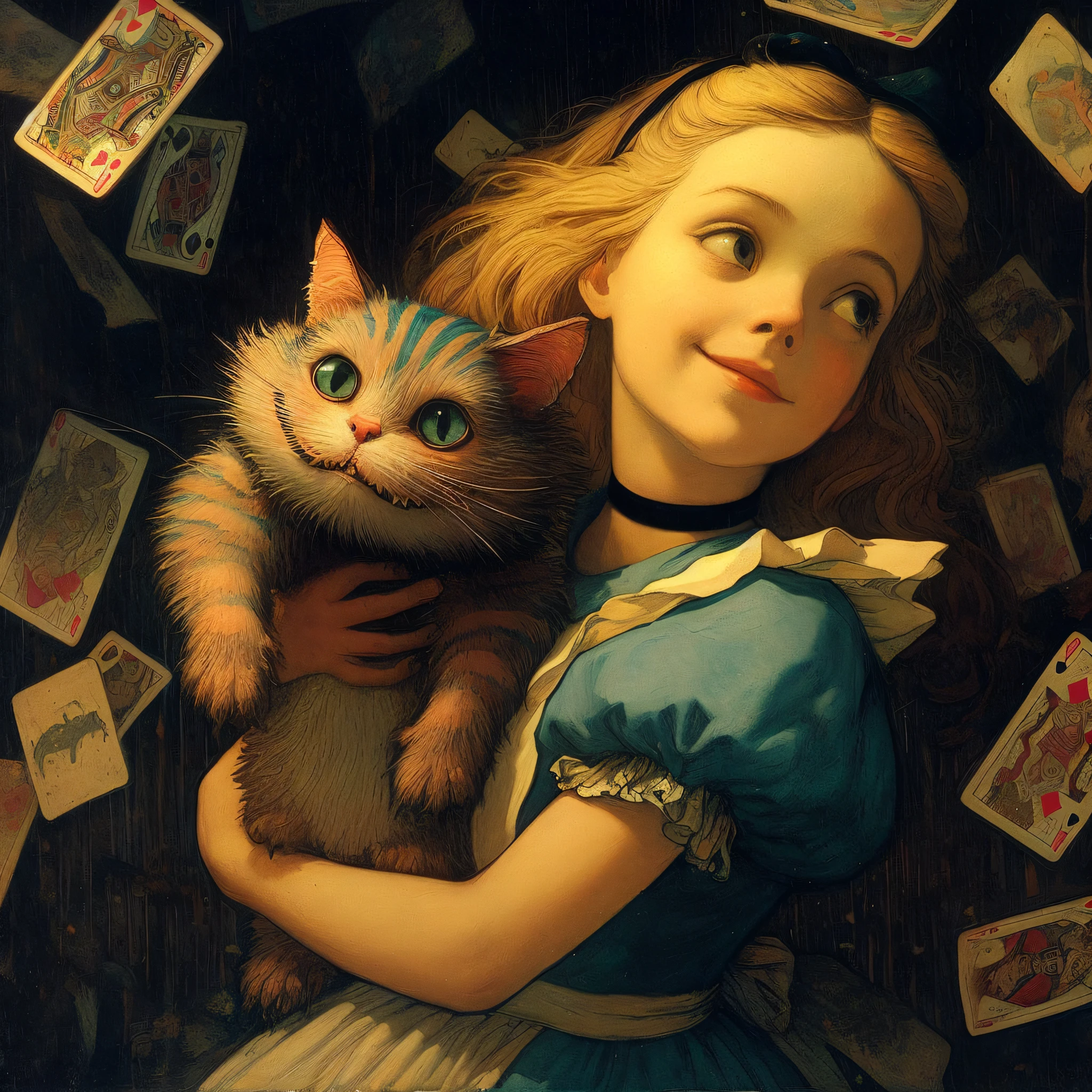 masterpiece, high quality, high definition, gustav klimt style, artistic painting, dark atmosphere, Land of Cards, Alice and the Cheshire Cat from Alice's Adventures in Wonderland, Alice is holding the Cheshire Cat, they look happy A smiling face,