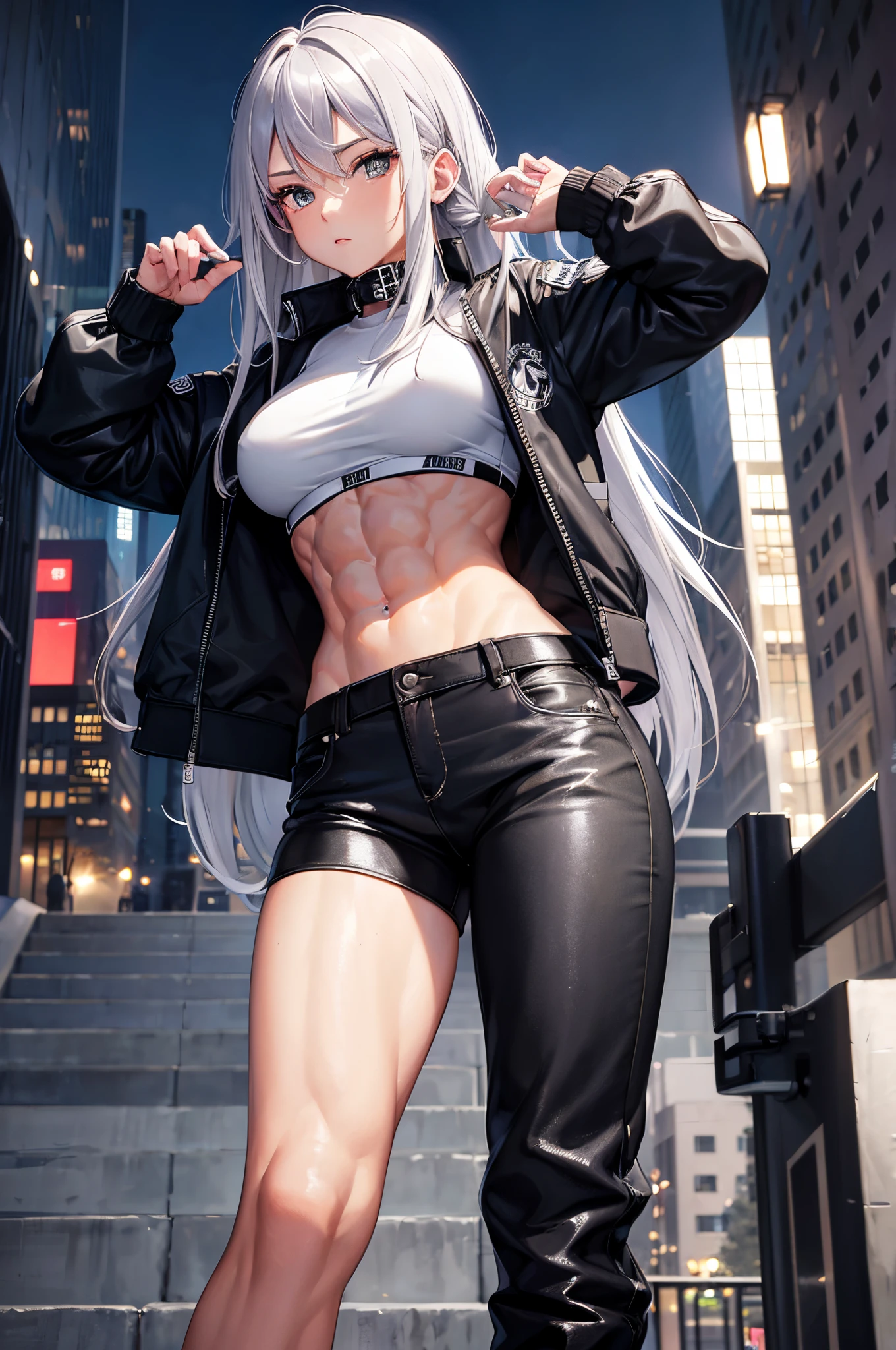 masterpiece, highest quality, 1girl, silver hair, middle hair, night city, (abs:1.5), (muscular:1.6), black Bomber jacket,