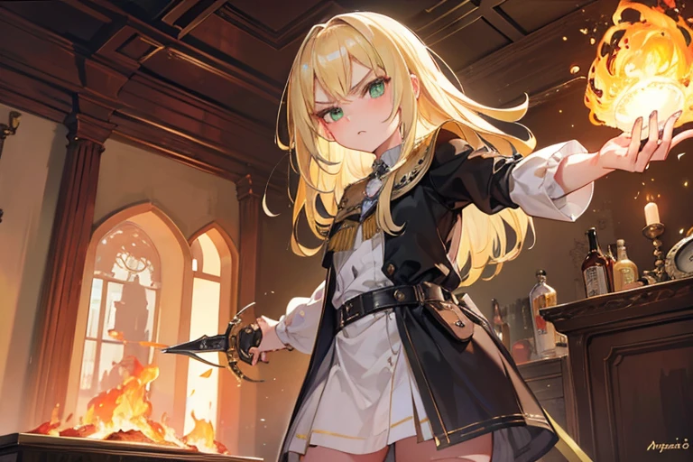 Masterpiece, high resolution, extremely detailed, 1girl, small, very young, semi-long blonde hair, bright green eyes, sharp jaw, sharp face, 1920s girl, old era, glaring, angry, cute eyes, big eyes, soft skin, bouncy skin, ((weilding giant fire claymore)), epic, sparks of flame, ashe, hot