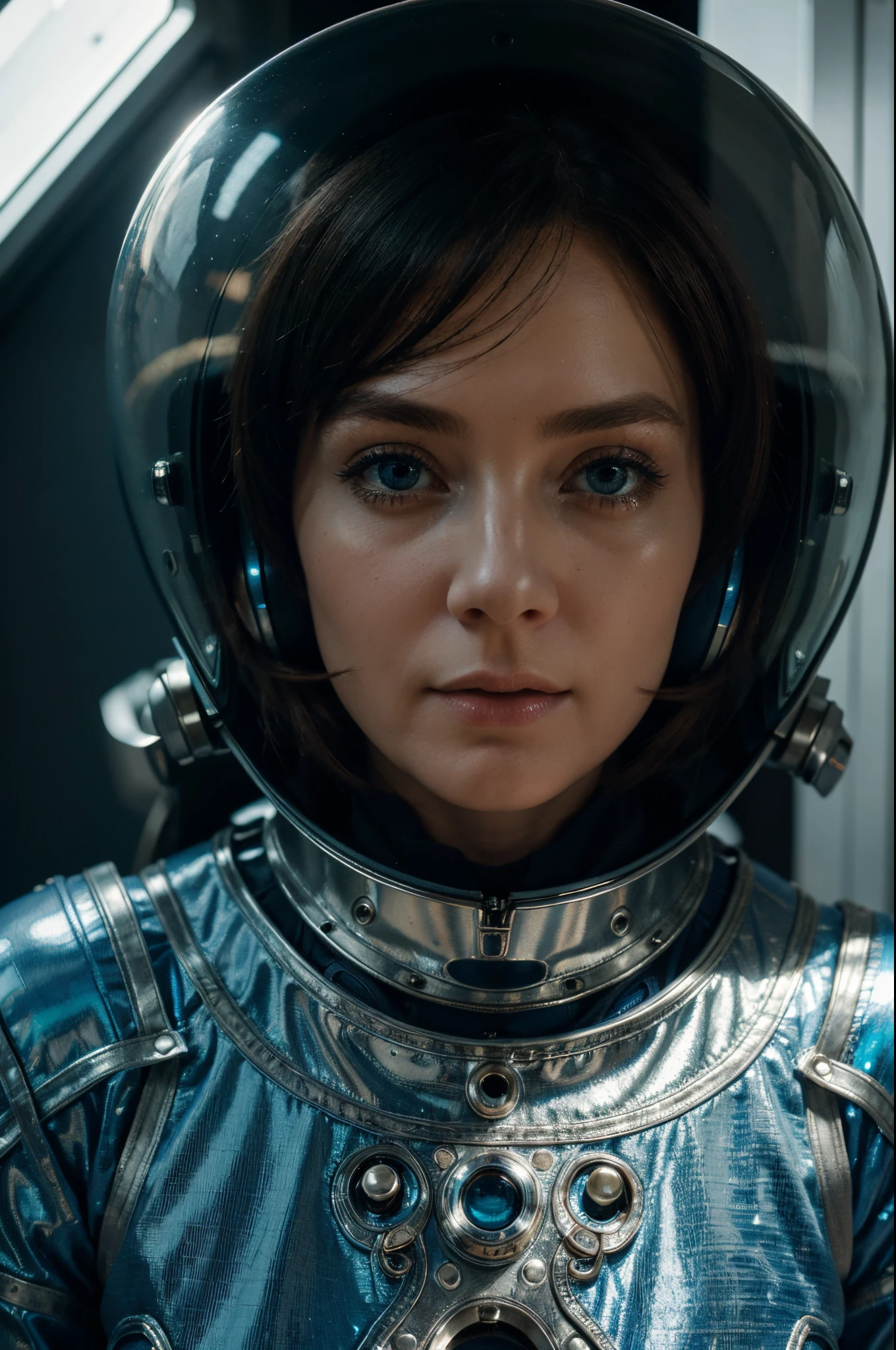 Beautiful astronaut casque bulle de verre 55 years milf old woman 1950, Deep Blue Eyes, Metallic white orange detail clothing, Cinematic, photo shot, Half backlight, Backlight, Dramatic Lighting, Incandescent, Soft lighting, insanely detailed and intricat, Hyper maximalist, Art that is not Gwaits style, Elegant Pose, Dynamic, Photography, Volumetric, ultra-detailliert, intricate detailes, An ultra-detailed masterpiece by Gwise, futuristic environment