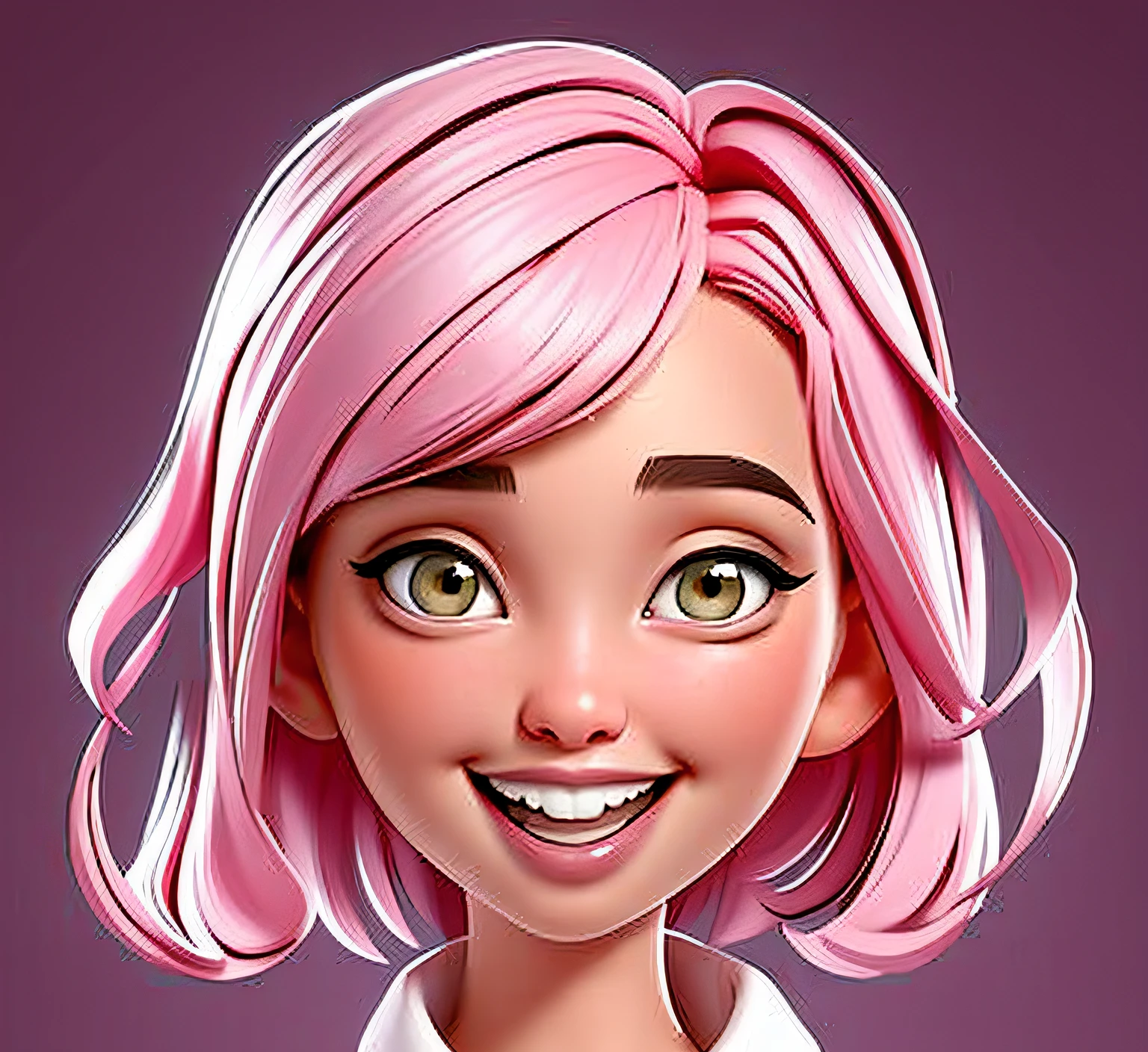 magnolia eyes，exquisite facial features，Toothy smile，（pink short hair)，Pink hair loops，Asian ancestry，Short fluffy hair，Strong sense of light，adorable expression，Light minimalist background，Lively temperament