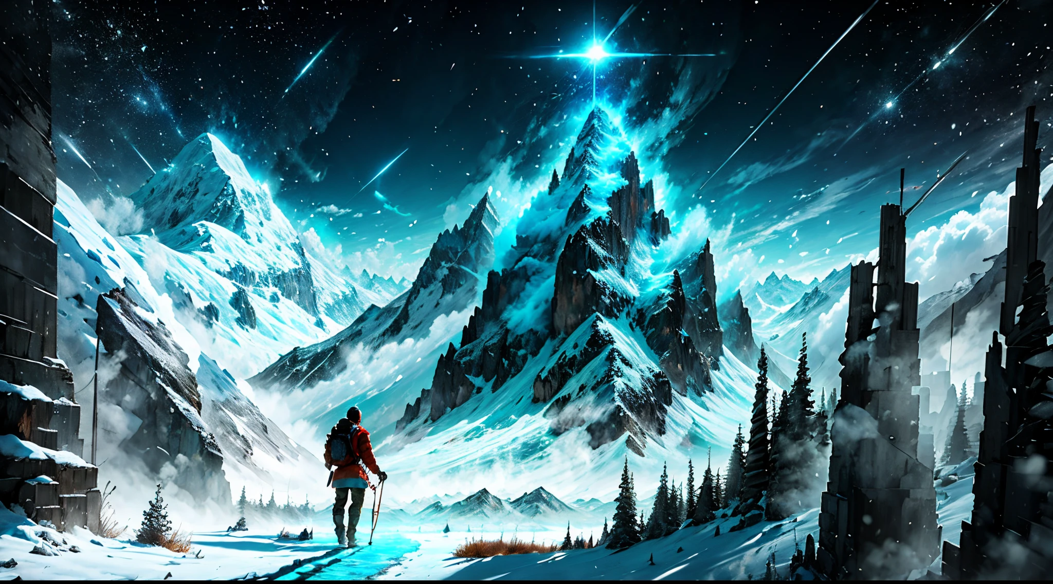 Mountaineer, lost, blizzard, steep mountain slope, confusion, disorientation, compass, map, struggling, treacherous terrain, lack of direction, concept of uncertainty, metaphor for heart failure treatment, unknown goal.