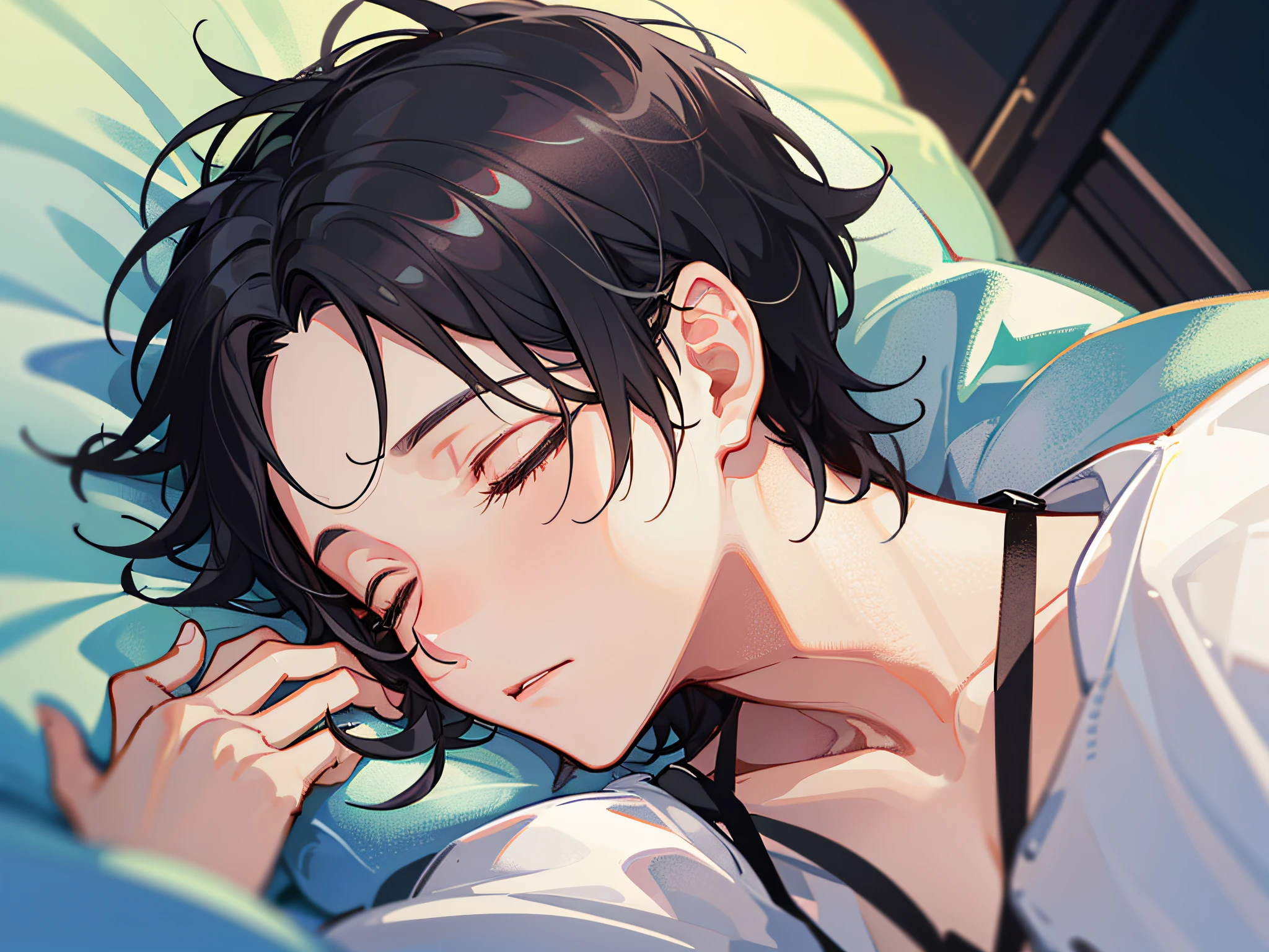 Anime boy sleeping in bed with long hair and gray jacket, Guviz-style artwork, Guviz, Kawasi, Anime handsome man, Detailed digital anime art, Handsome anime pose, Anime boy, young anime man, animeaesthetic, handsome guy in demon killer art, Detailed anime soft face, Guweiz in Pixiv ArtStation