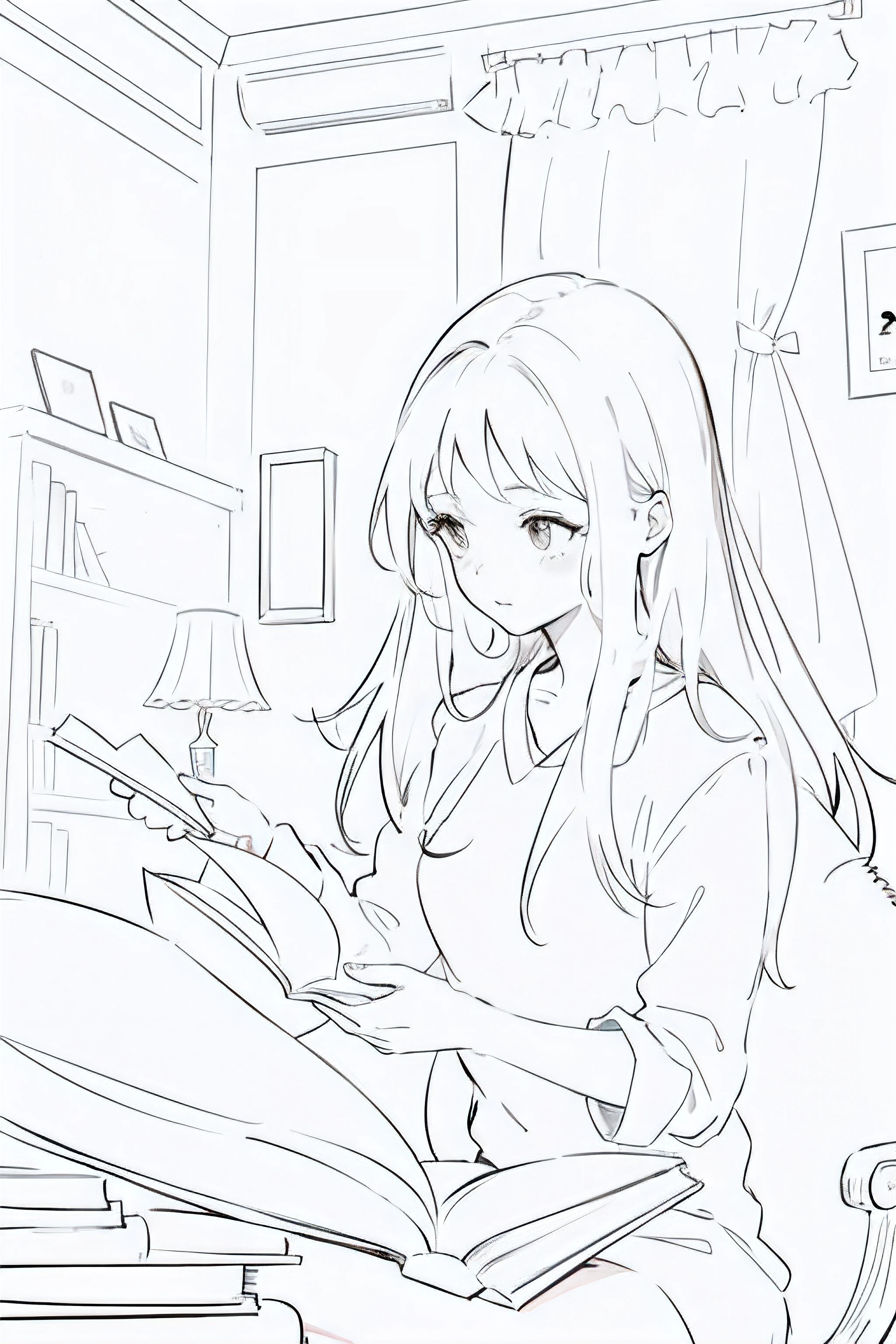 Drawing of a girl reading a book in the room, Perfect lines, Bold draft, clean linework, Clean anime silhouette, line art, Thick black line drawing, comic drawings, line art behavior hd, Simple lines of art, Clean coloring pages, manga drawing, Variable line art, manga book anime style, line art!!, Manhwa Style