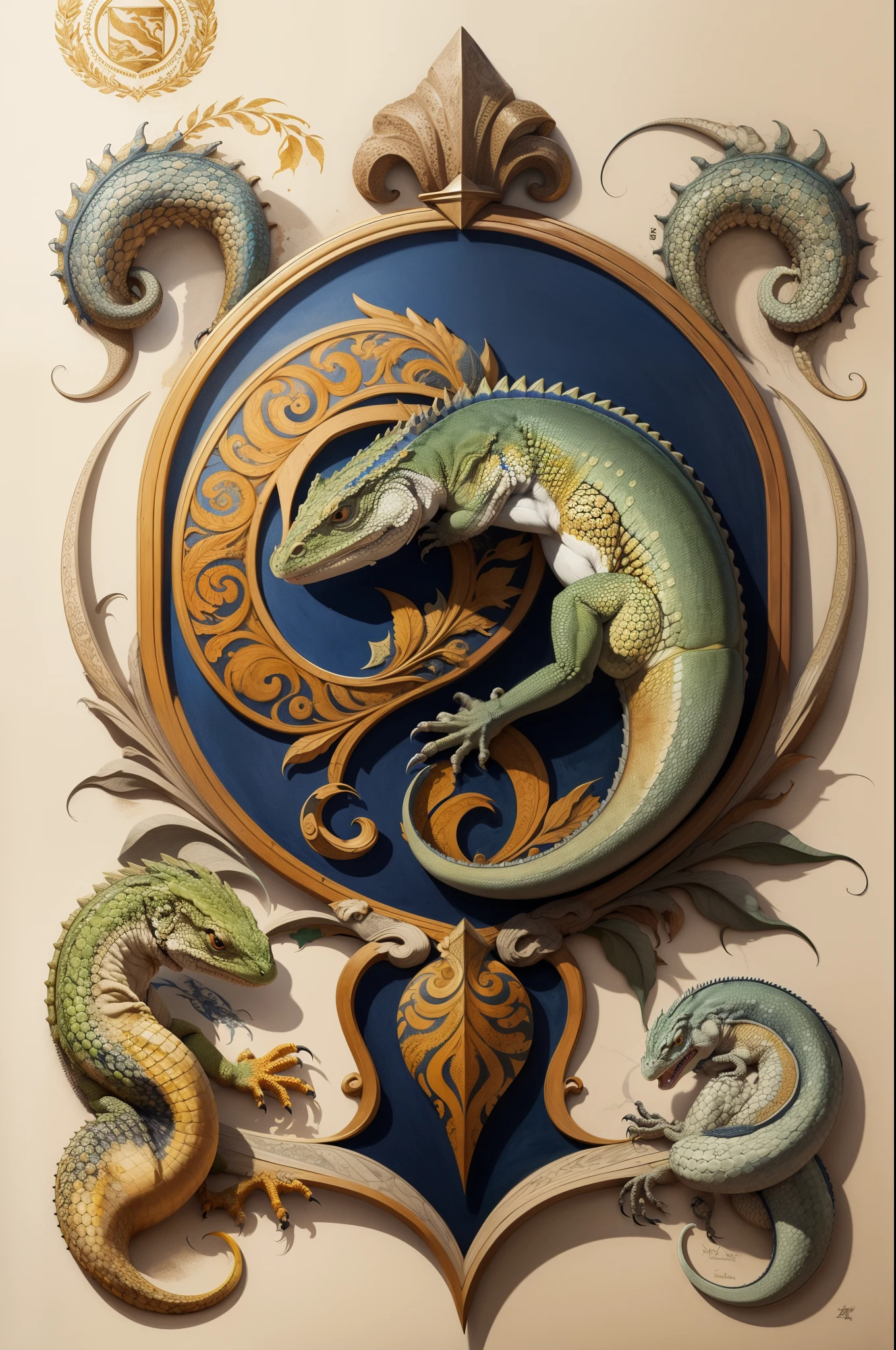 Logo blason, lizard ;work,encre 4 couleurs, beste-Qualit, high resolucion : 1,4), detailded, intricate high detail, 4K, color splashes, dessin au trait, Leonardo da Vinci