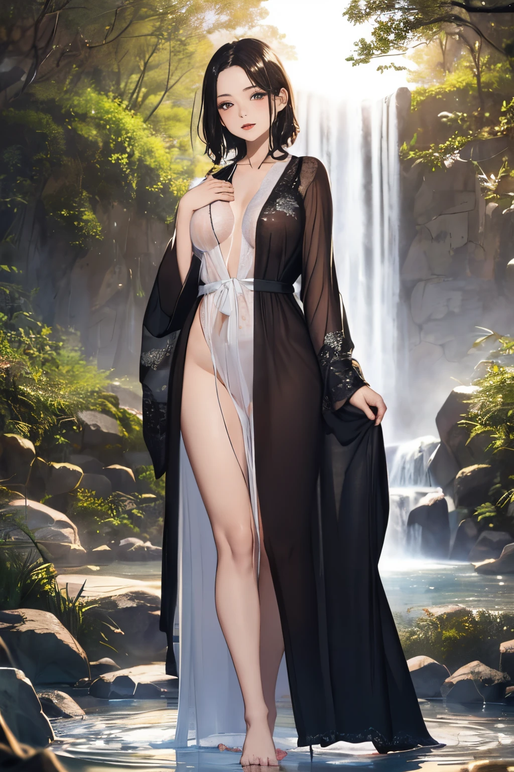 (((Standing in the middle of a waterfall on a moonlit night))),((beautiful woman standing in the middle of the pond:1)),((Beautiful half-naked woman in a beautiful waterfall basin)), ((Black Sexy Nightgown:1)), ((Sharp bewitching eyes))、((Obscene atmosphere))、(((See through Japanese nightgowns:1.3)))、((Japanese-style nightgown with a black base and yellow accents)), ((Kimono made of thin cloth wet with water:1)), pale skin、(Nipple bumps:1), (((1 girl in:1))), ((pale skin))、Melancholy beautiful face、Beautiful expression、Sexy face、Nipple bumps, (((Lower breast)))、(((Beautiful breasts ))), Beautiful 、Super fine face、Delicat eyes、(Double eyelids)、 (((1 Japan Woman)))、 Beautie, 20yr old,((See-through kimono)), (Show off by wearing Japanese revealing clothes), (nipples through), (see-through japanese nightgown), (Bottomless)