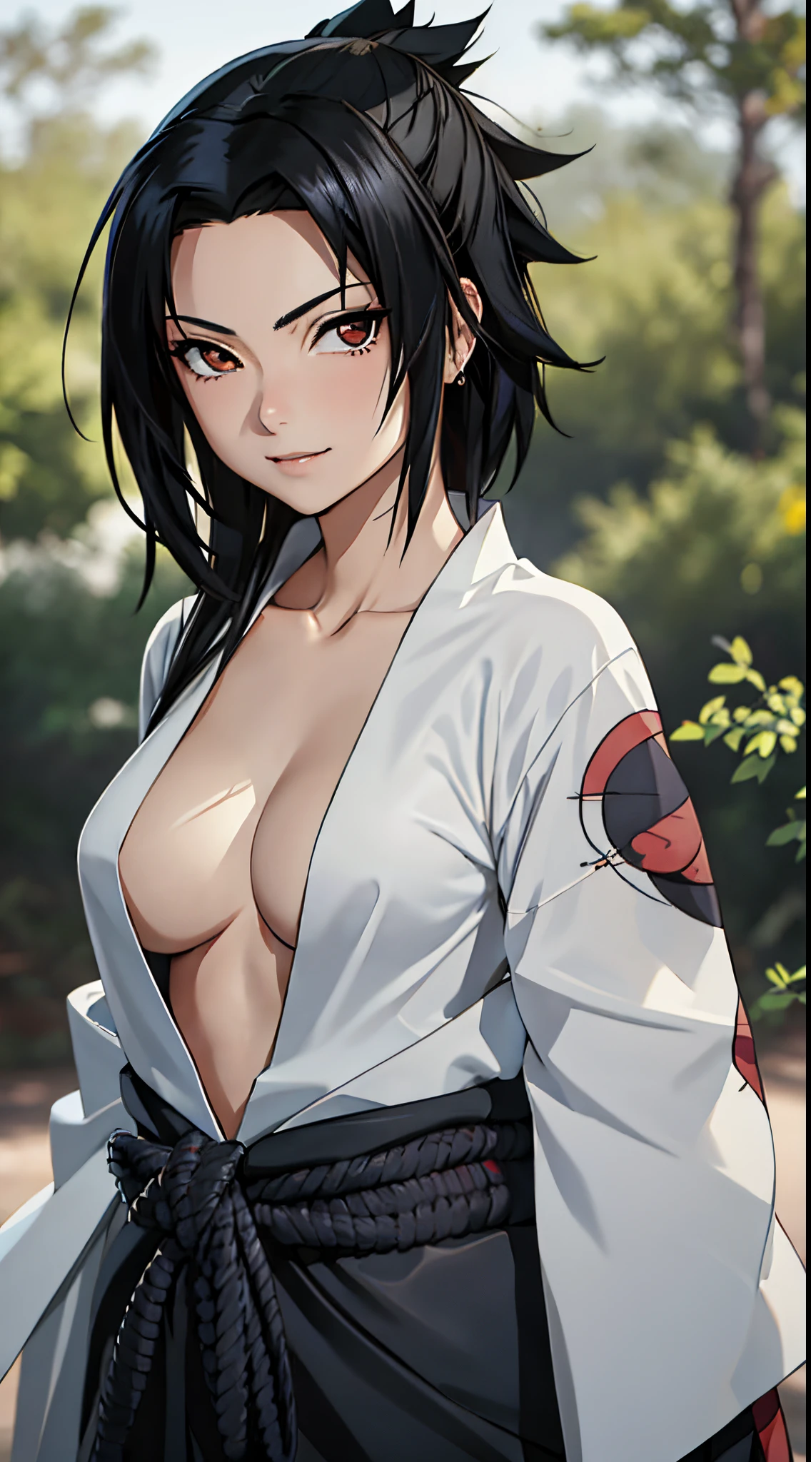 tmasterpiece， Best quality at best， 1girll，(waistup:1.5) ，sasuke， Large breasts，（upperbody closeup)，Raised sexy，is shy，ssmile，Black hair， （Black eyeballs:1.4)， exteriors