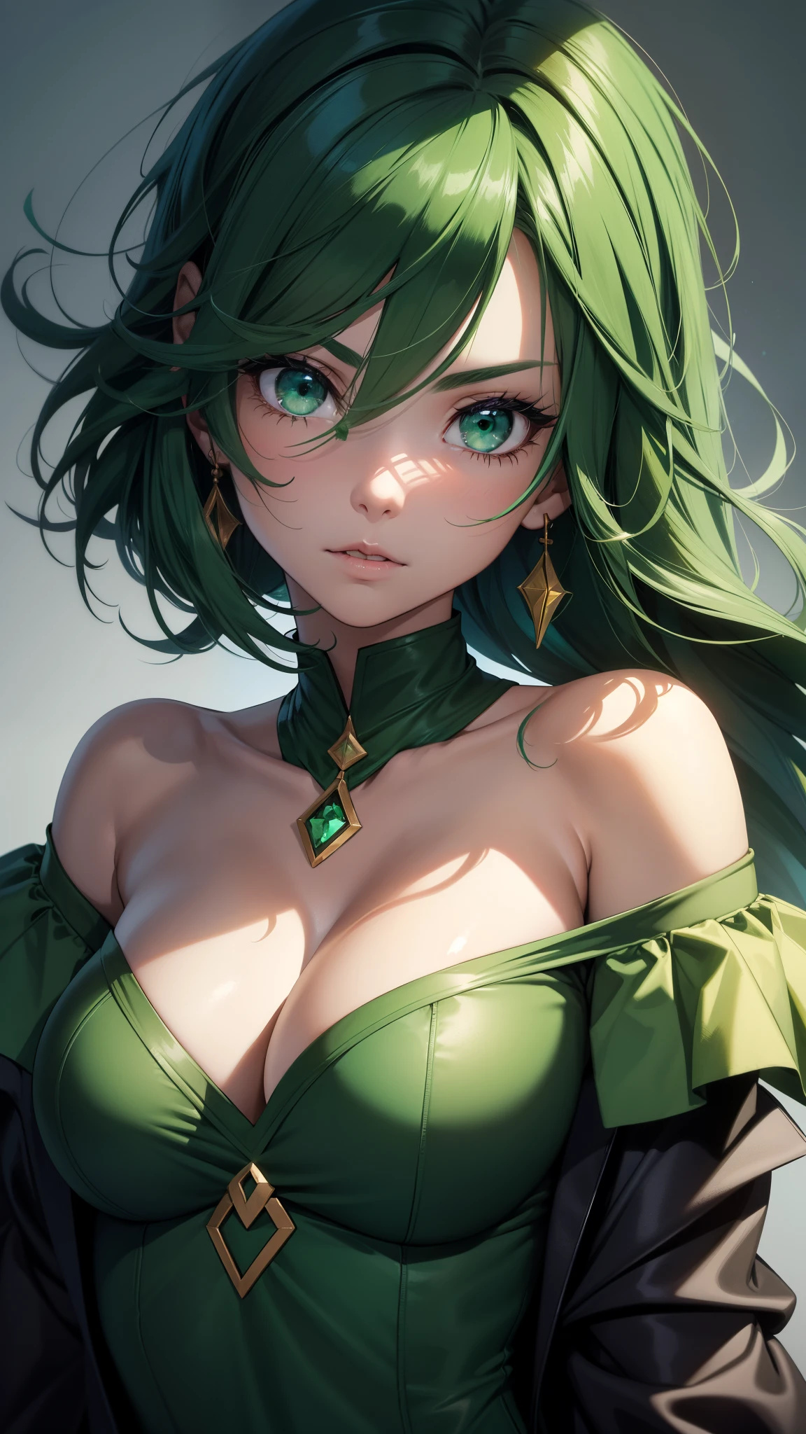 （best qualtiy，8K，32K，tmasterpiece，hyper HD：1.3），Green hair，1个Giant Breast Girl，perfect bodies，Super detailed face，Bust photo，Very small breasts，Black hair，Green clothes，upperbody closeup，Off-the-shoulder attire