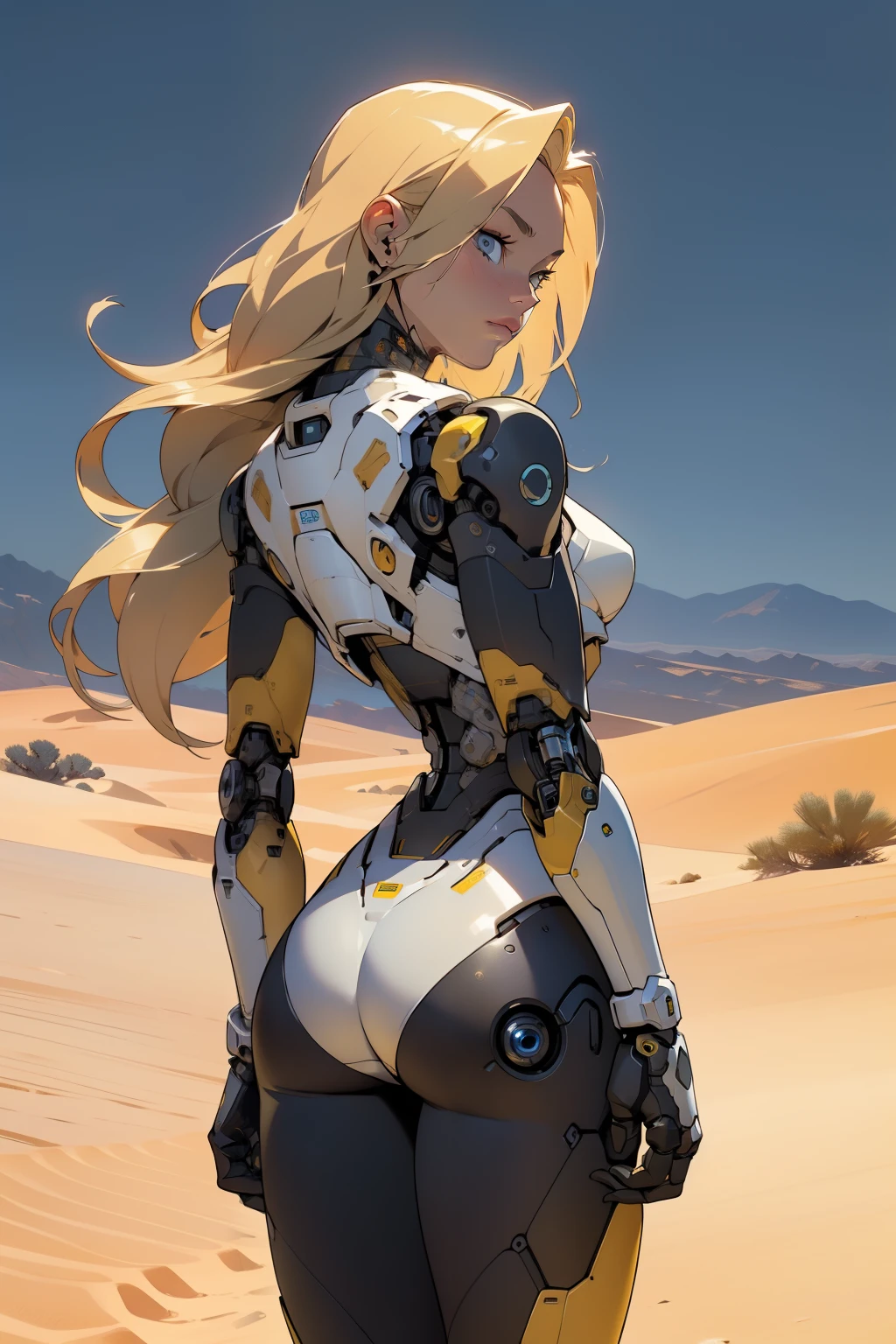 high quality, 4k, masterpiece, beautiful, cyborg girl, cowboy shot, dull eyes, back side, turning around to look at viewer, long blonde hair, girl, small breasts, fit thigh, robotic arms, robotic body, cyborg body, yellow accent, redaccent, intricate detail, joint, detailed lines, robotic detail, holding fist up, holding hand up as fist, color robotic parts, robotic parts with color, perfect fingers, on a desert planet, sunny background, colorful desert,