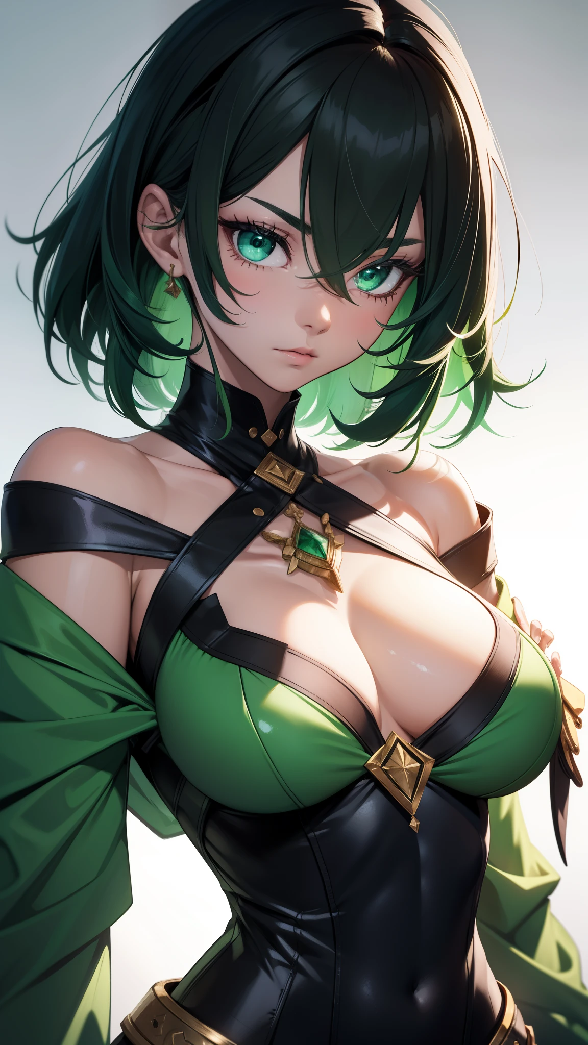 (best qualtiy,8K,32K,tmasterpiece,hyper HD:1.3),Green hair,1个Giant Breast Girl,perfect bodies,Super detailed face,Bust photo,Very small breasts,Black hair,Green clothes,upperbody closeup,Off-the-shoulder attire