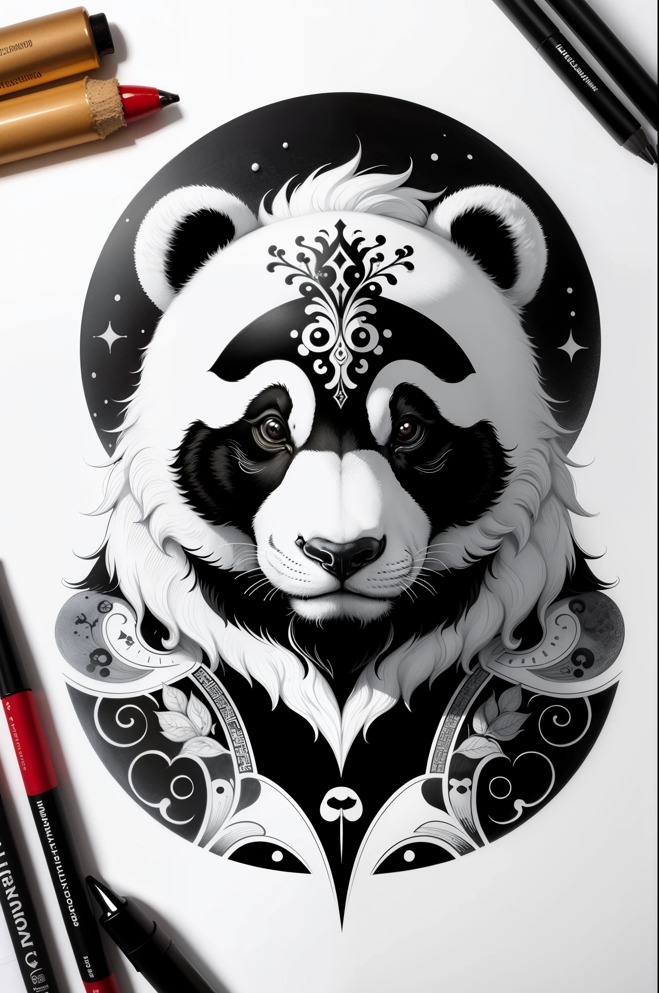 Logo blason, Panda ;work,encre 4 couleurs, beste-Qualit, high resolucion : 1,4), detailded, intricate high detail, 4K, color splashes, dessin au trait, Leonardo da Vinci