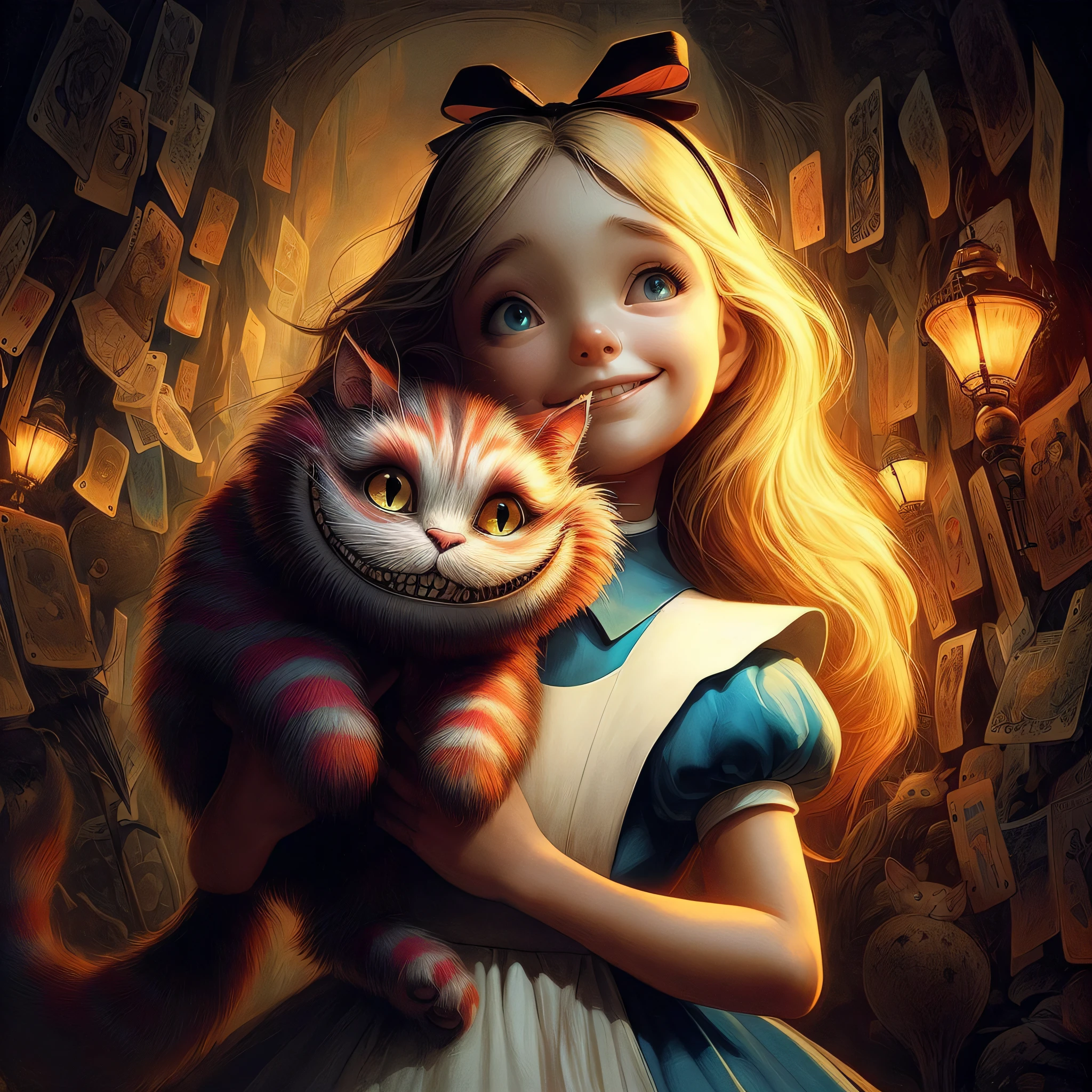 masterpiece, high quality, alphonse mucha style, artistic painting, cinematic lighting, dark atmosphere, land of cards, alice and the cheshire cat from alice's adventures in wonderland, alice is holding the cheshire cat, they look happy a smiling face,