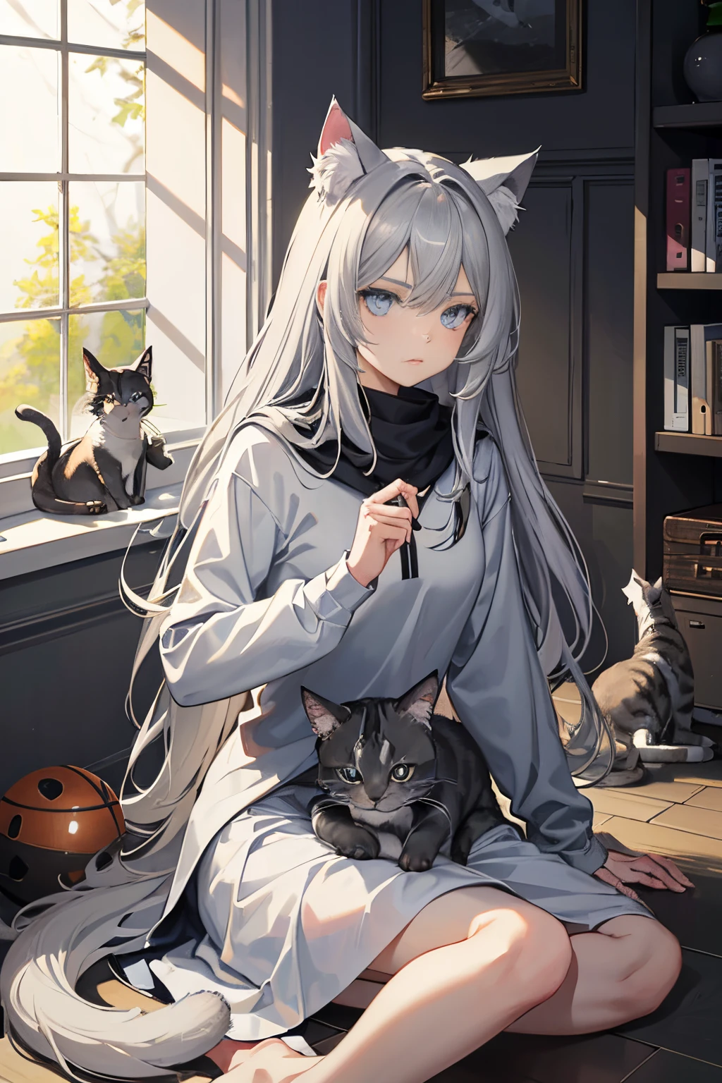 There is a cat sitting on the floor with a ball, smokey, Blue Siberian forest cat, grey eyes, cat photo, ash, Smoky, Very beautiful, grayish-blue eyes, greys, SFW, an artistic pose, Cats, sora as a cat, greys, Beautie, looking threatening, ashfur from warrior cats