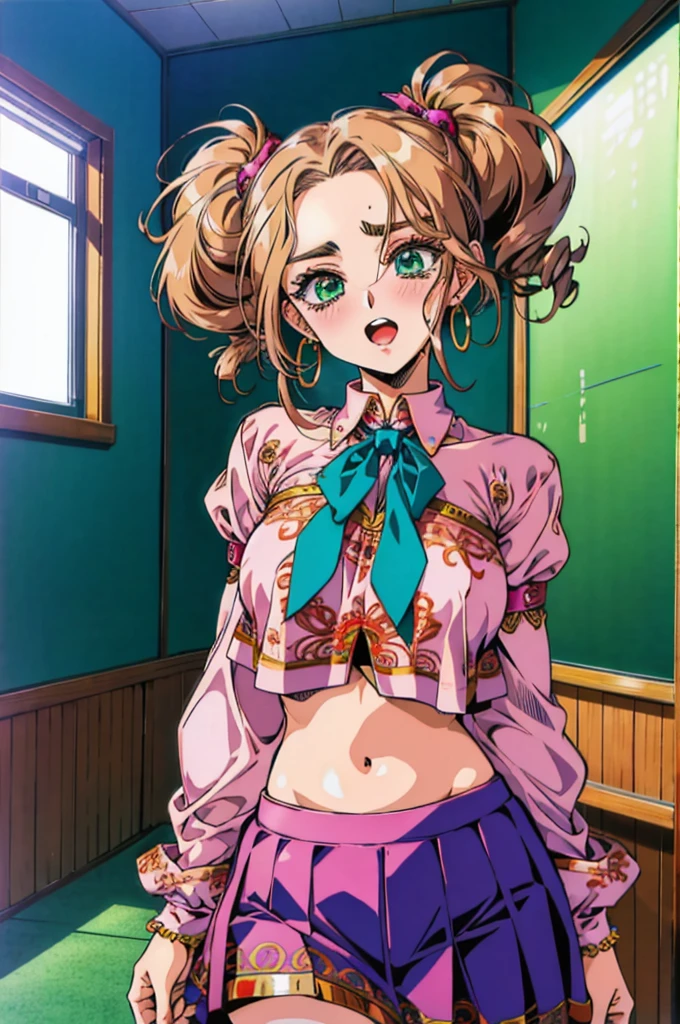 "(masterpiece:1.1), best quality, (NSFW:1.1), 
1girl, gyaru, (80s anime style:1.3), (eyelashes:1.5), 
(intricate high detailed body:1.2), 
brown hair, 
(forehead:1.1), (twintails, drill hair:1.1), 
green eyes, (thick eyebrows:1.1), 
(pale skin:1.1), (loli body:1.2), (gigantic breasts:1.1), 
(shy:1.2), (blush:1.1), open mouth, 
(school uniform, skirt, midriff peek:1.1), 
neck ribbon, fishnet tights, jewelry, hoop earrings, hair ornament, 
standing, 
upper body, 
(classroom:1.2)"