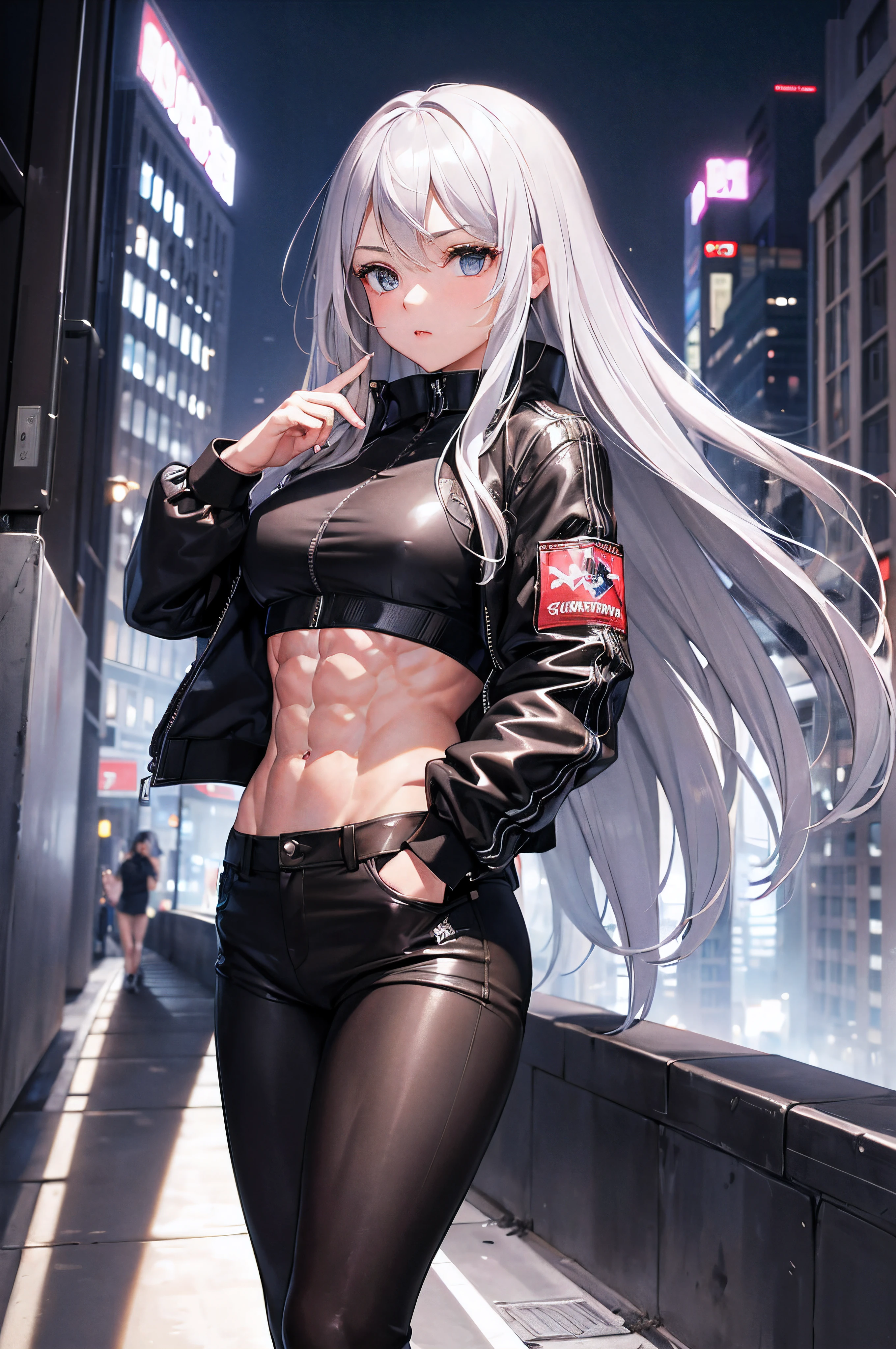 masterpiece, highest quality, 1girl, silver hair, middle hair, night city, (abs:1.5), (muscular:1.6), black Bomber jacket, blue eyes