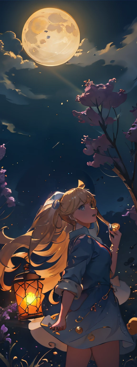 Expansive landscape photography, (una vista desde abajo que muestra el cielo arriba y el campo abierto abajo), a blonde girl, parada en un campo de flores mirando hacia arriba, (luna llena: 1.2), (estrellas fugaces: 0.9), (nebulosa: 1.3), distant mountain , tree BREAK production art, (warm light source: 1.2), (Firefly: 1.2), lamplight, Lots of purple and orange, detalles intrincados, Volumetric Lighting BREAK (obra maestra: 1.2), (mejor calidad), 4k, ultradetallado , (dynamic composition: 1.4), detalles muy detallados y coloridos, (colores iridiscentes: 1.2), (bright illumination, Atmospheric Illumination), Dream, magica, (solo: 1.2)