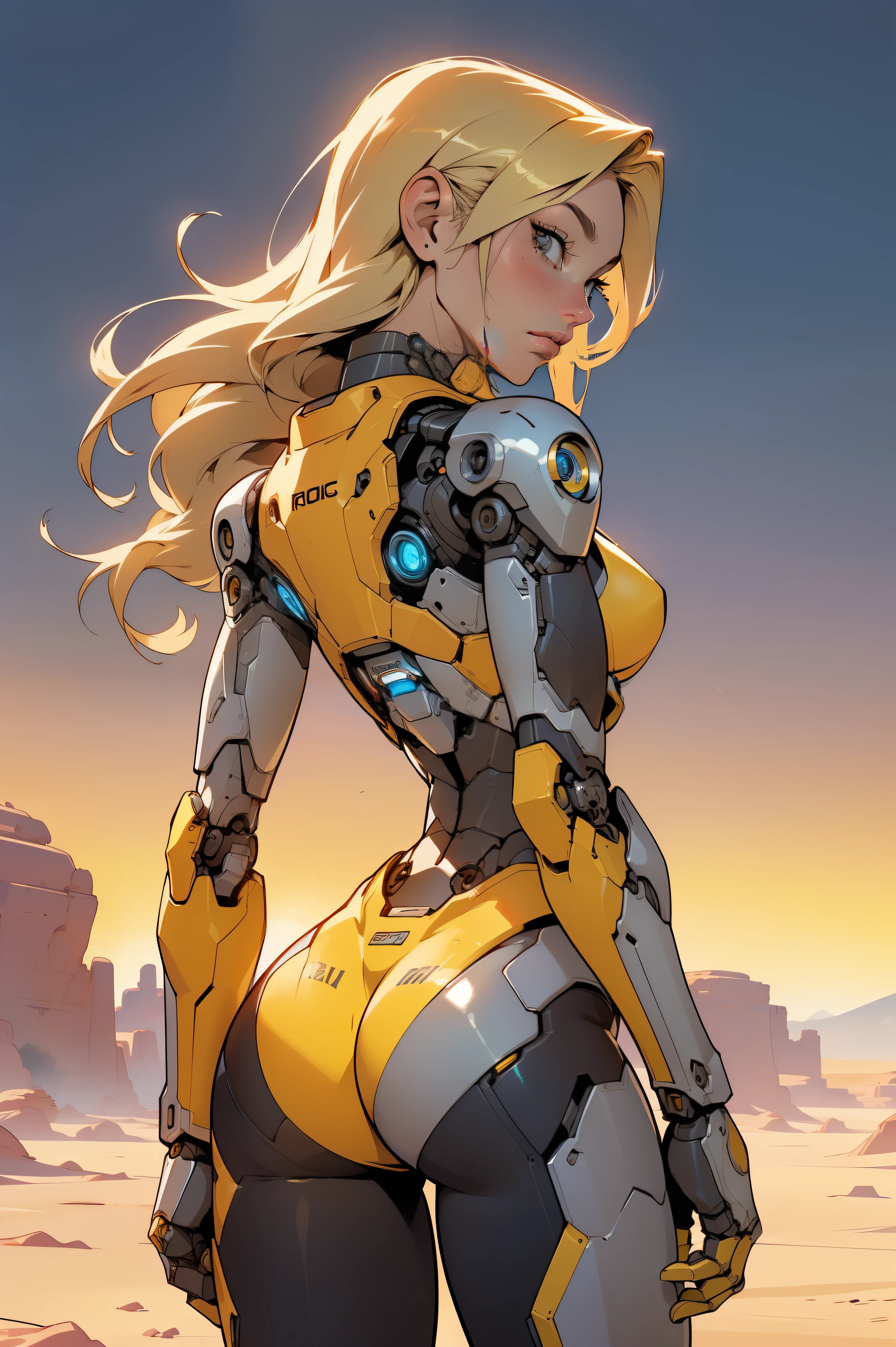 high quality, 4k, masterpiece, beautiful, cyborg girl, cowboy shot, dull eyes, back side, turning around to look at viewer, long blonde hair, girl, small breasts, fit thigh, robotic arms, robotic body, cyborg body, yellow accent, redaccent, intricate detail, joint, detailed lines, robotic detail, holding fist up, holding hand up as fist, color robotic parts, robotic parts with color, perfect fingers, on a desert planet, sunny background, colorful desert,