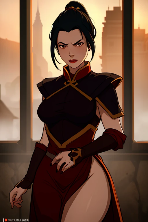 (dark theme:0.6), (dark shot:1.1), epic realistic, (dark shot:1.4), 80mm, (anime), (illustration), cartoon, detailed, azula, 1girl, solo, short hair, black hair, hair ornament, ponytail,  brown eyes,  lipstick,  red lips, surprised look, tight slit dress, pelvic curtain, blush, looks at viewer, full body, art by greg rutkowski and artgerm, soft cinematic light, adobe lightroom, photolab, hdr, intricate, highly detailed, (depth of field:1.4), soft light, sharp, exposure blend, medium shot, bokeh, (hdr:1.4), high contrast, (cinematic, teal and orange:0.85), (muted colors, dim colors, soothing tones:1.3), low saturation, (hyperdetailed:1.2), (noir:0.4), faded, (neutral colors:1.2), (hdr:1.4), (muted colors:1.2), hyperdetailed, (artstation:1.4), cinematic, warm lights, dramatic light, (intricate details:1.1), complex background, (rutkowski:0.66), (teal and orange:0.4), (hdr:1.22), muted colors, complex background, hyperdetailed, art [[by jordan grimmer]]