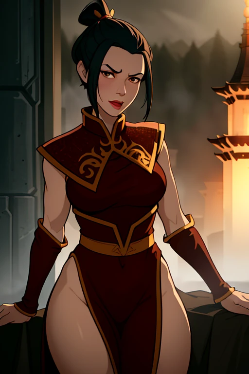 (dark theme:0.6), (dark shot:1.1), epic realistic, (dark shot:1.4), 80mm, (anime), (illustration), cartoon, detailed, azula, 1girl, solo, short hair, black hair, hair ornament, ponytail,  brown eyes,  lipstick,  red lips, surprised look, tight slit dress, pelvic curtain, blush, looks at viewer, full body, art by greg rutkowski and artgerm, soft cinematic light, adobe lightroom, photolab, hdr, intricate, highly detailed, (depth of field:1.4), soft light, sharp, exposure blend, medium shot, bokeh, (hdr:1.4), high contrast, (cinematic, teal and orange:0.85), (muted colors, dim colors, soothing tones:1.3), low saturation, (hyperdetailed:1.2), (noir:0.4), faded, (neutral colors:1.2), (hdr:1.4), (muted colors:1.2), hyperdetailed, (artstation:1.4), cinematic, warm lights, dramatic light, (intricate details:1.1), complex background, (rutkowski:0.66), (teal and orange:0.4), (hdr:1.22), muted colors, complex background, hyperdetailed, art [[by jordan grimmer]]