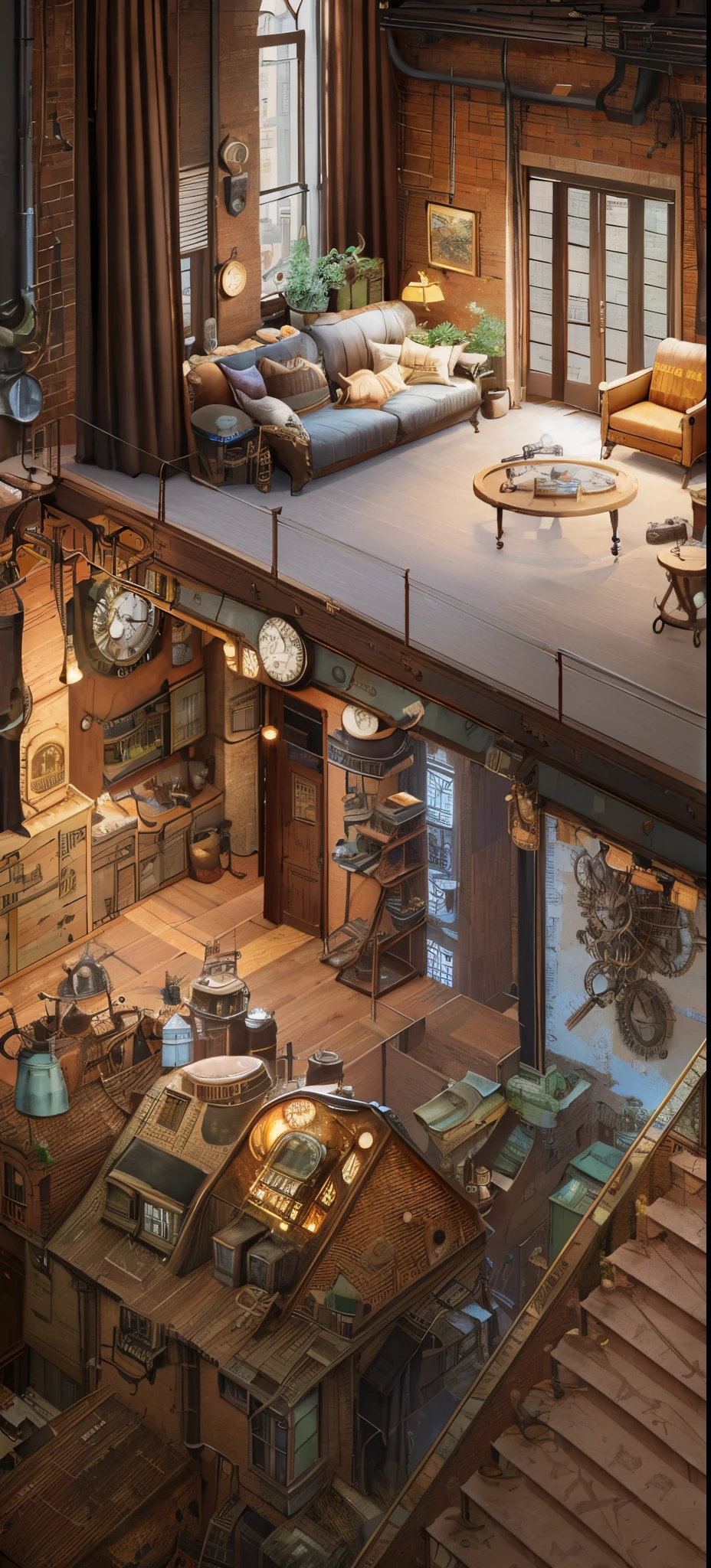There is a room with a loft and a loft bed, steampunk factory background, Steampunk air paradise, pc screenshot, Steampunk living room, Steampunk shop, artstation hq”, set in a steampunk world, dieselpunk setting, in steampunk cityscape, By senior environment artist, interior background art, Steampunk city background, point-and-click adventure game, Highly realistic concept art