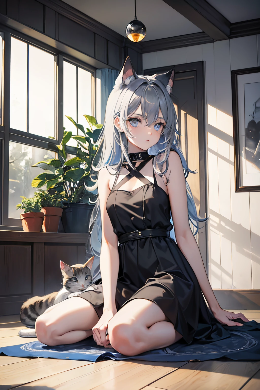 There is a cat sitting on the floor with a ball, Cat playing with a ball,smokey, Blue Siberian forest cat, grey  eyes, cat photo, ash, Smoky, Very beautiful, grayish-blue eyes, greys, SFW, an artistic pose, Cats, sora as a cat, greys, Beautie, looking threatening, ashfur from warrior cats