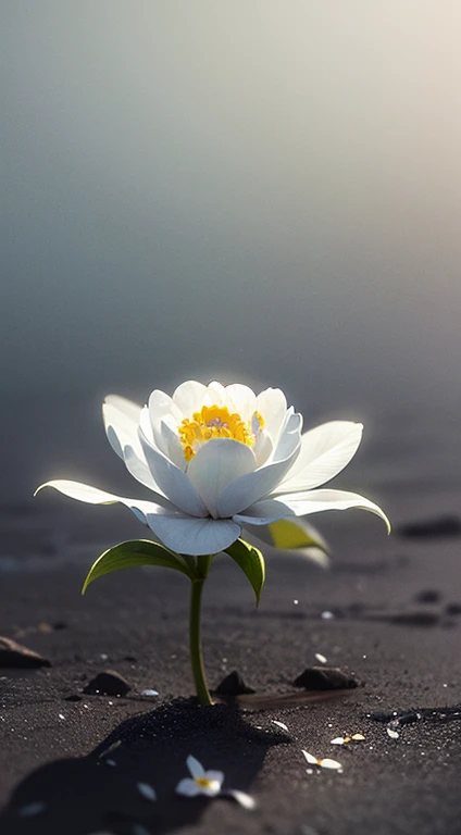 Masterpiece, high resolution, extremely detailed, 1flower, blueish white flower, small, delicate, ((ghostly)), (pale), ominous, feild of ash, ashen ground, one flower rising, thin flower, otherworldly flower
