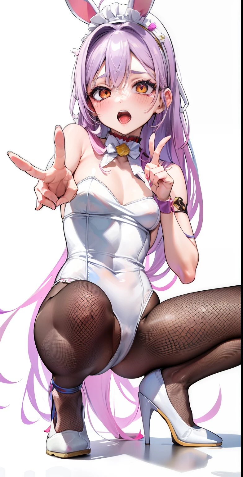 Chica anime con orejas de conejo y cabello morado posando para una foto., with index finger, Ahegao, gesto de pose de pudica sexy, colas gemelas blancas_Guantes, holding a pudica pose, Viajar a Udongein Inaba, Cara de Ahegao, Anime Barbie en Medias Blancas, seductora chica de anime, Yuri Misaki, Pose ruda, Marin Kitagawa Fanart