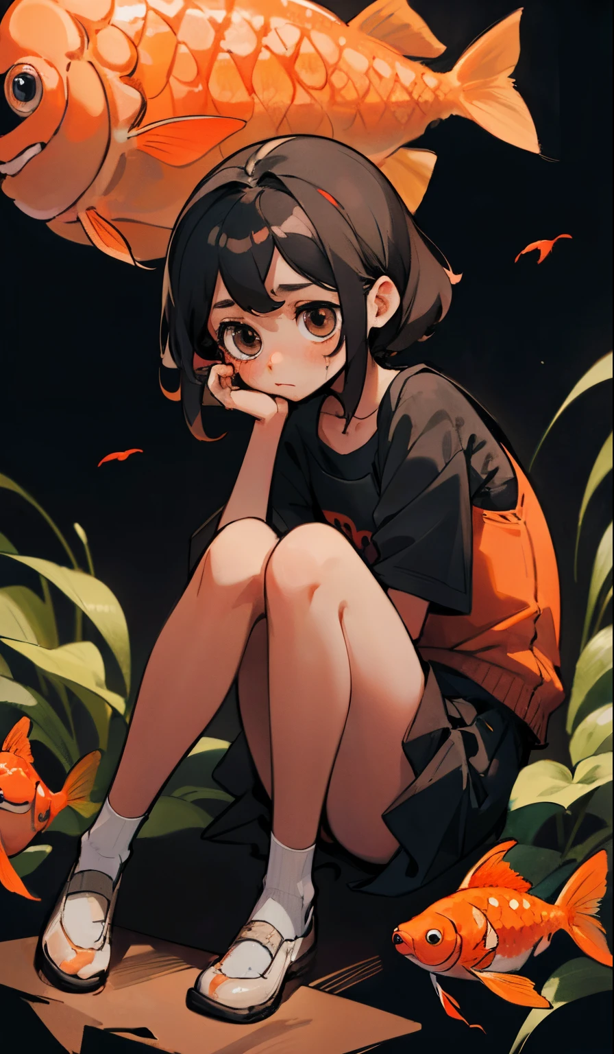 Perfect picture,,{Chiquita}{Admire,}{Goldfish scoop}{hedonism}{knees up},8 years old girl,4K uality, Cinematic,,{Gamine},{small body and chest,} Longhaire,A dark-haired,cute little, perspiring
