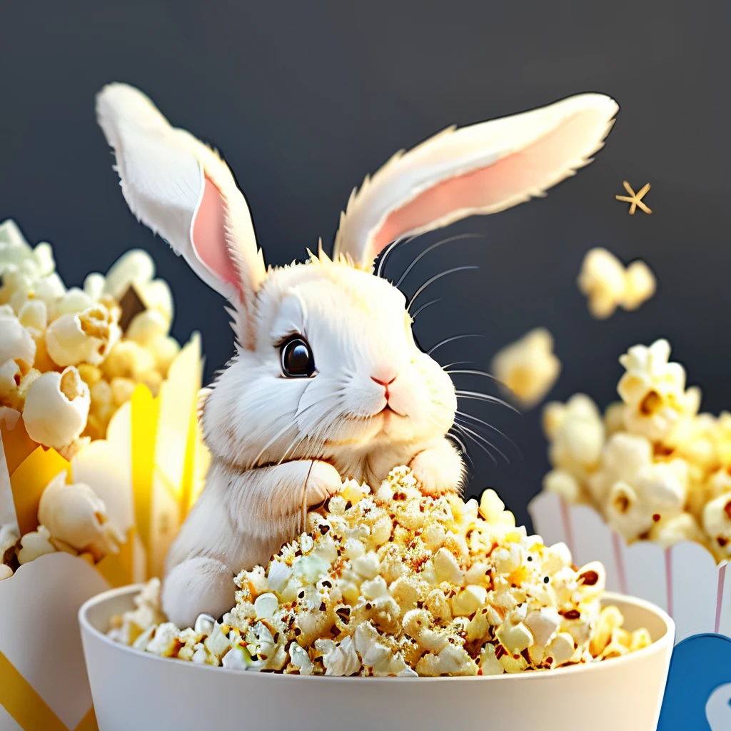 A rabbit sitting on a pile of popcorn，Throwing the popcorn up with great joy，Simple drawing background blank，Lovely wind