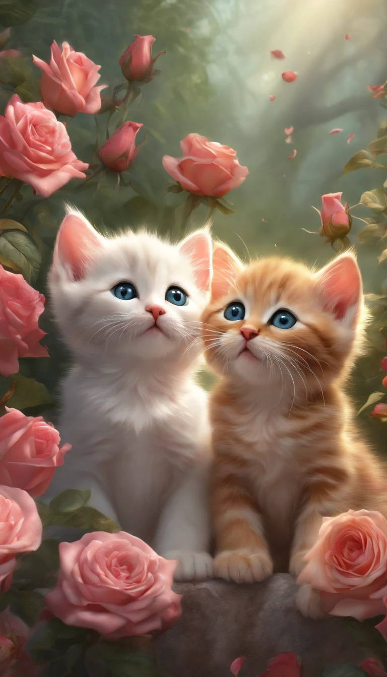 In this ultra-detailed CG art, cute kittens surrounded by ethereal roses, laughter, best quality, high resolution, intricate details, fantasy, cute animals, open mouths, laugh!!