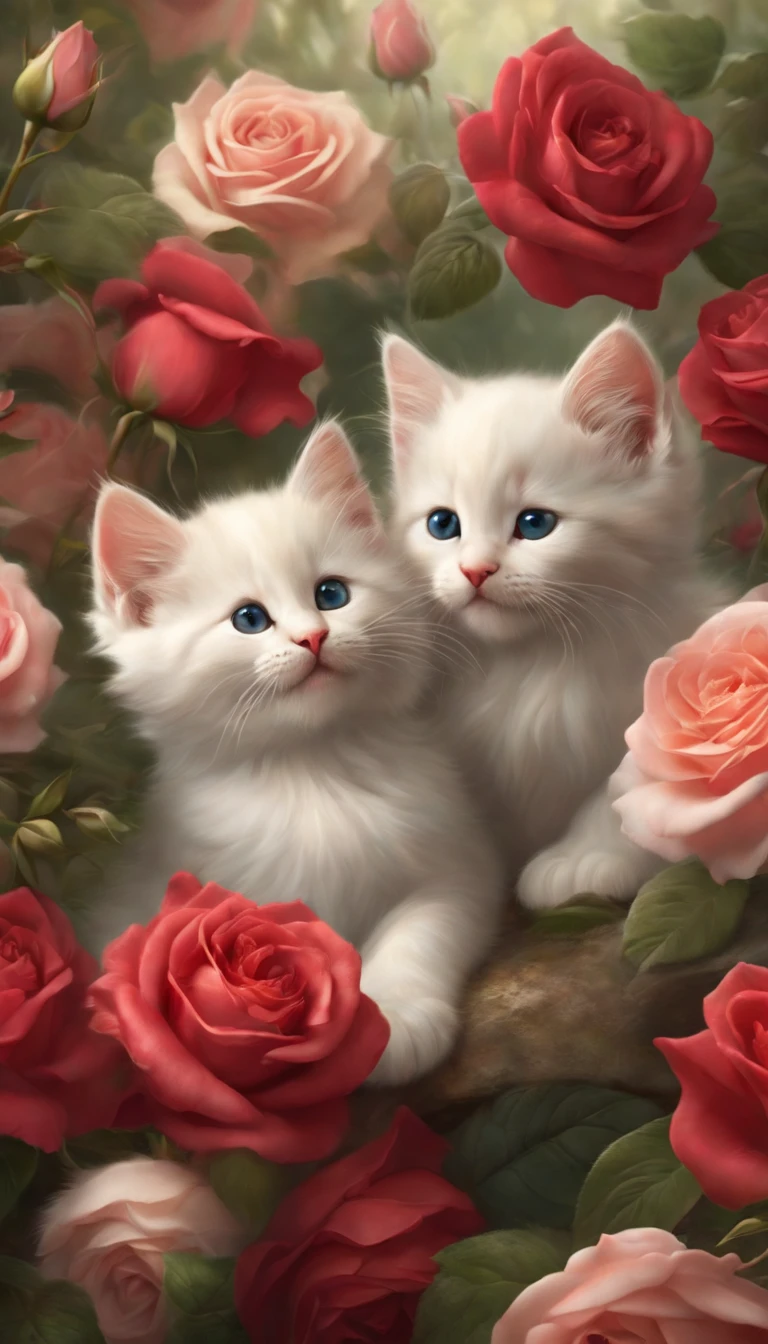 In this ultra-detailed CG art, cute kittens surrounded by ethereal roses, laughter, best quality, high resolution, intricate details, fantasy, cute animals, open mouths, laugh!!
