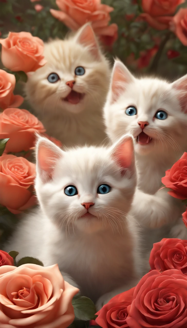 In this ultra-detailed CG art, cute kittens surrounded by ethereal roses, laughter, best quality, high resolution, intricate details, fantasy, cute animals, open mouths, laugh!!