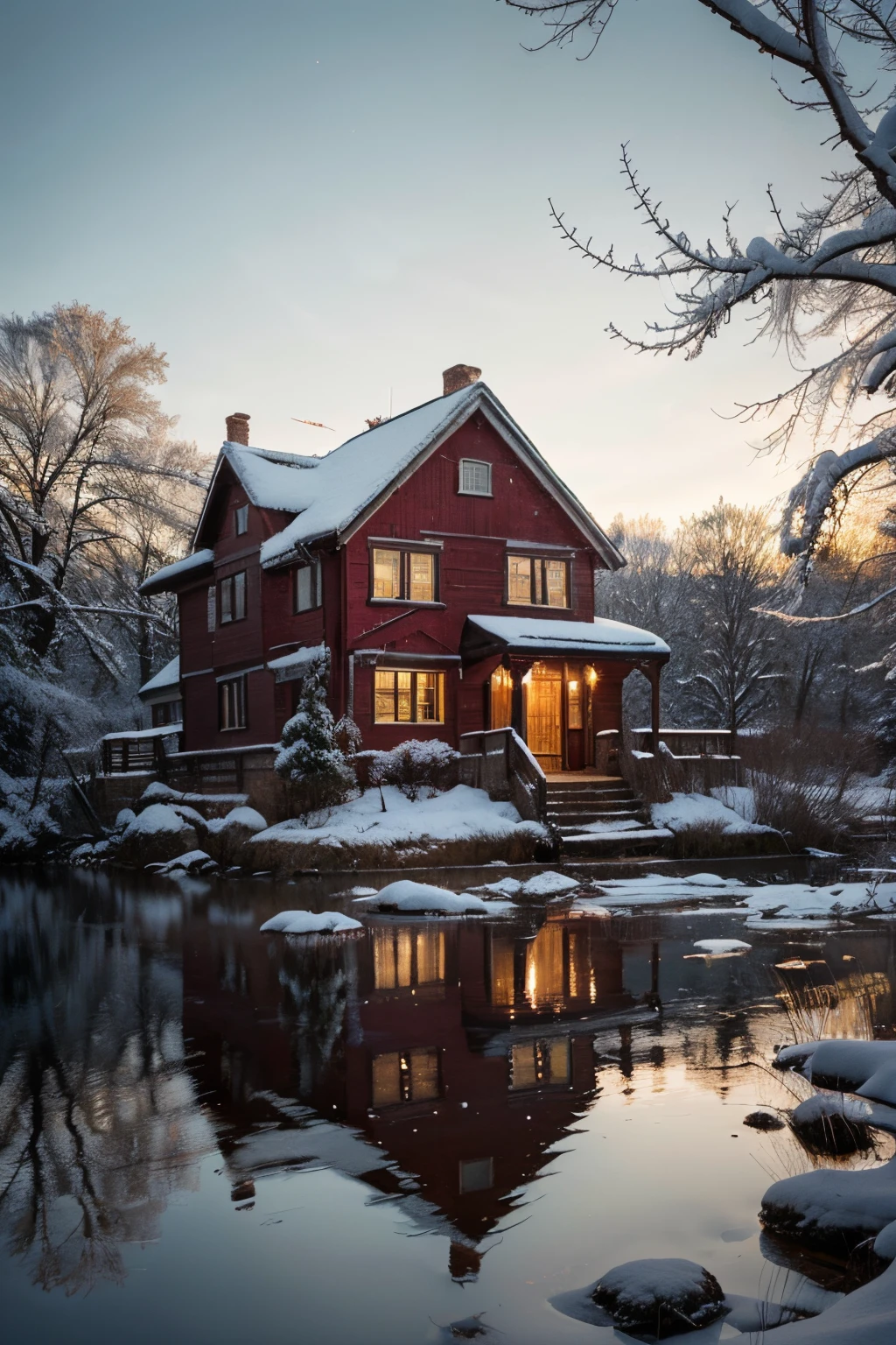 red house wallpaper winter winter wallpaper, time lapse photography style, Calm and serene beauty, Ultra high-definition images, light white and amber, light emerald and pink, I can't believe how beautiful this is - ar 9;16