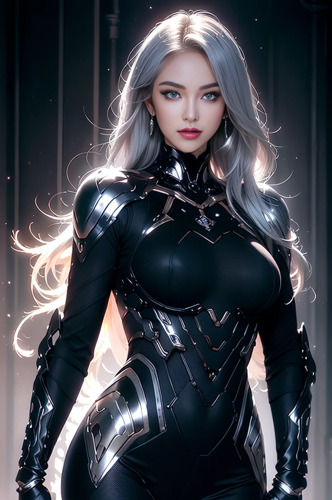 (masterpiece), best quality, expressive eyes, perfect face, beautiful details face, beautiful round eyes, upper body, A beautiful mature woman in cyber armour suit shows her Extremely busty and attractive breasts, (light smile), (midnight blue hair), glowing hair, multicolored hair, (random hairstyles, shiny hair, gradient hair, colored inner hair, (short straight hair), medium short hair), (covered chest), fair skin, (beautiful detailed full bodysuit:1.3), full body cyber armour, glowing and shining armor, silver and blue cyber armour,(Edge lights:1.3), (silver and blue colour scheme:1.3), neon light on Armor, beautiful details eyes, (midnight blue eyes:1.2), (glowing eyes:1.2), hair ornament, (Gigantic saggy breasts:1.3), thick body, (well accentuated curves), pink lips, (silver nails), mascara, Long eyelashes, eyeliner, (Extremely wide well defined hips:1.3), (beautiful massive thick muscular thighs:1.3), has a tall slender figure, (Extremely detailed skin texture:1.1), beautiful detailed realistic muscle definition, golden fireflies that shimmer, high detailed eyes, ultra-high quality model, proportionate, intense colouration fantasy, (background Spiral galaxy), beautiful background, gold and silver tetradic colours, earrings, detached sleeves, jewelry, earring, (1girl), solo,