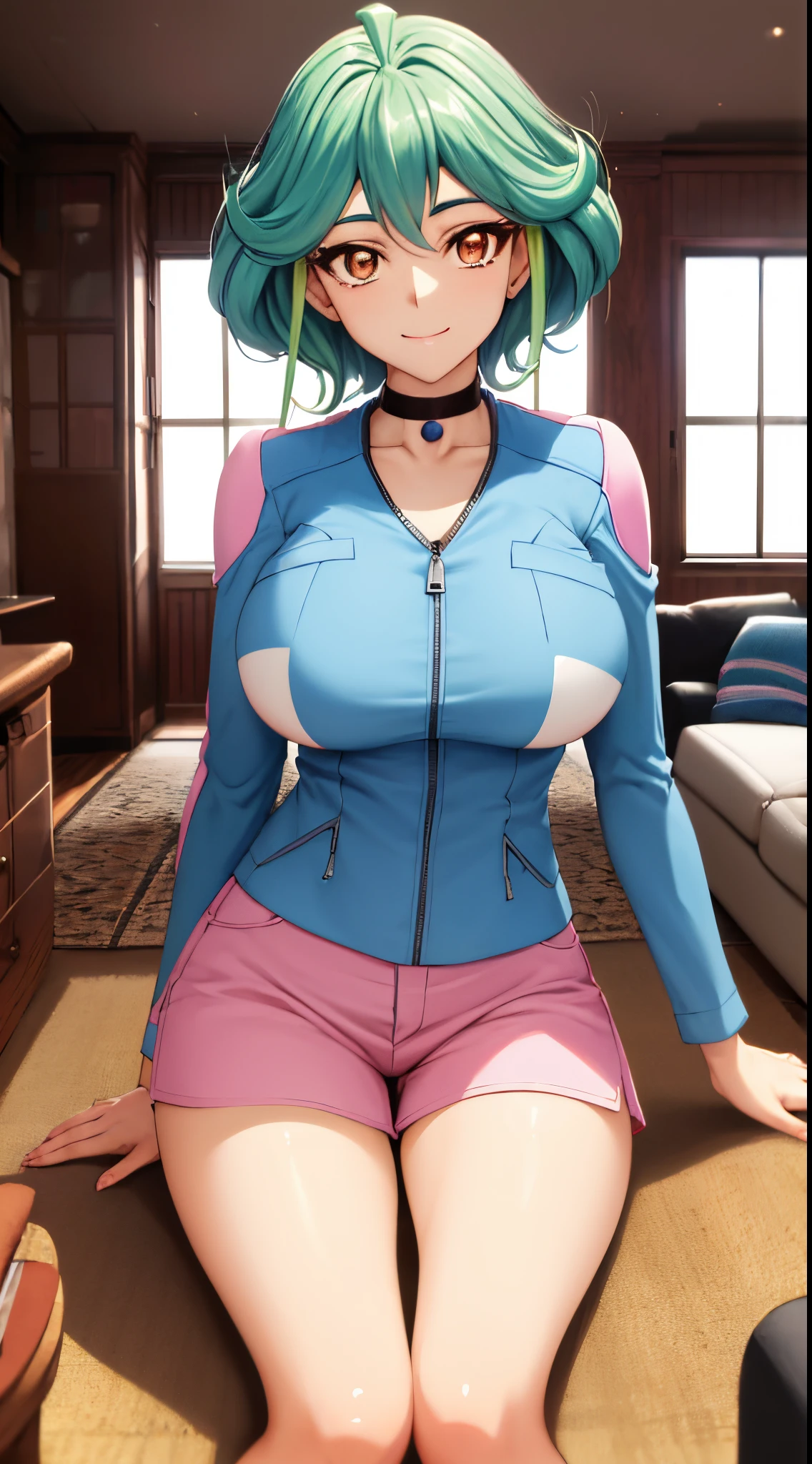 masterpiece, best quality, best aesthetic, anime, ultra detailed, yu-gi-oh! arc-v,
rin_arc_v, 1girl, solo, (large breasts, medium breasts:1.2), (wide hips:1.2), (blue jacket, long sleeves:1.2), (pink shorts, short shorts:1.3), black choker, barefoot, (cowboy shot:1.2), (wariza:1.2), on floor, (smile, closed mouth:1.2), looking at viewer, (living room:1.2), indoors,