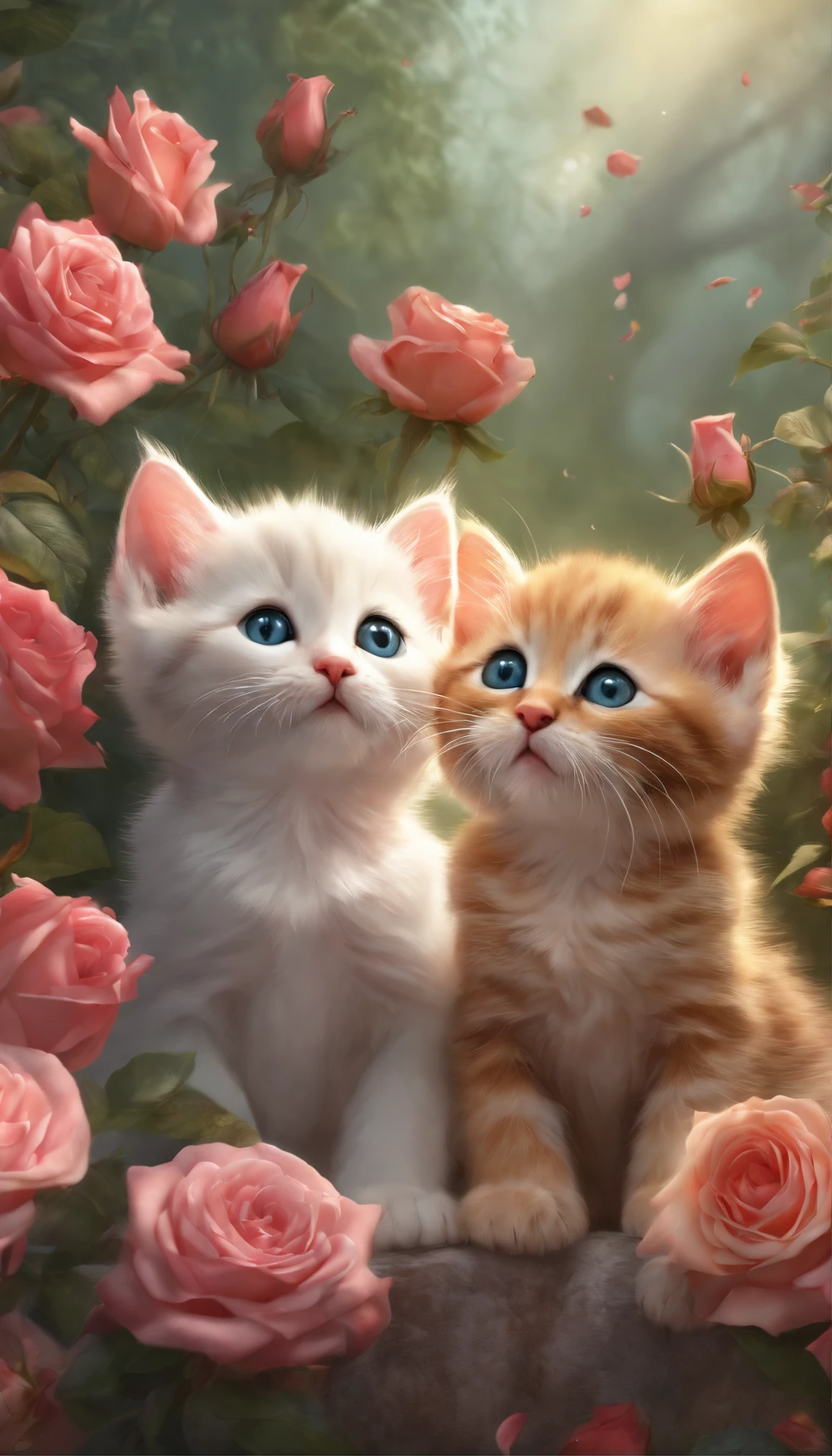 In this ultra-detailed CG art, cute kittens surrounded by ethereal roses, laughter, best quality, high resolution, intricate details, fantasy, cute animals, open mouths, laugh!!