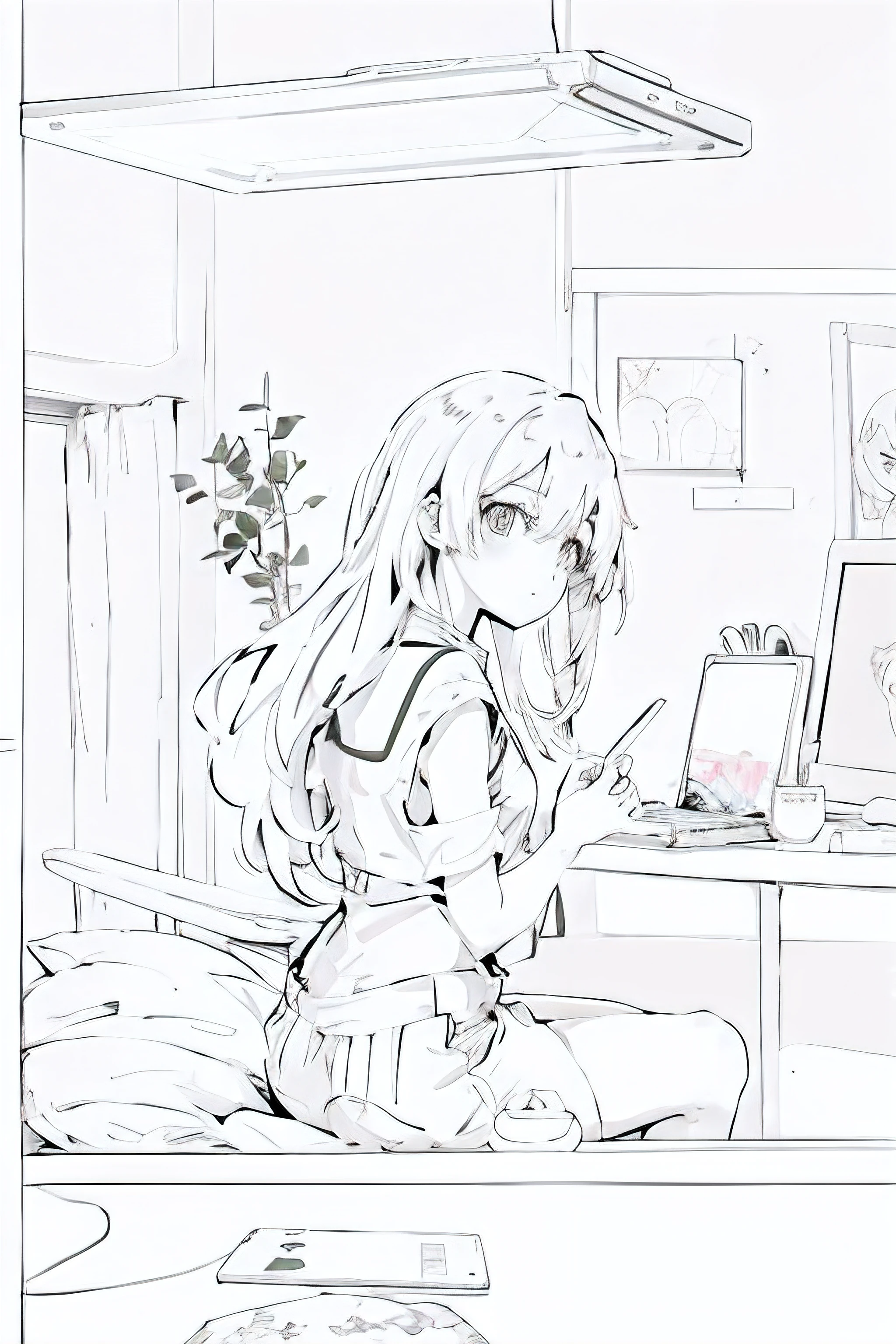 sit on a bed、Anime girl with laptop and plant, anime sketch, Anime style 4k, anime art style, Clean anime silhouette, Digital art on Pixiv, comic artstyle, style of anime, Learn, Anime style painting, Anime style illustration, Pixiv style, style of anime, drawn in anime painter studio, anime drawing, anime shading)