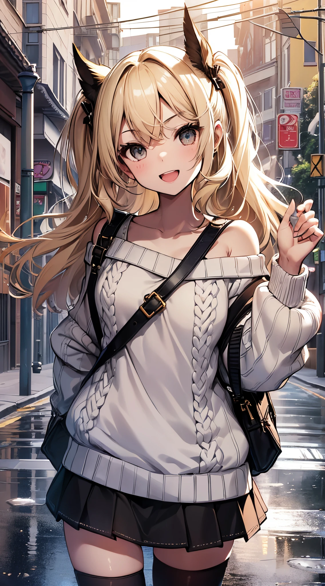 top-quality、supreme1People Girls,hightquality,A detailed face、A detailed eye、Detailed nose、Detailed mouth、 Beautiful expression, ((masuter piece)), ((High resolution)), ((Best Quality)), detail, (cum faced、Excited face.Very happy,), ((), (Off-shoulder knit sweater、Tight mini skirt、Black stockings)、 girl with, a blond, (Half Twin Tail)、Standing figure、fair white skin:1.3、、Smaller chest, cinmatic lighting, perfectly shaded,(((In the street))), Realistic lighting with shades,Reflecting the whole body