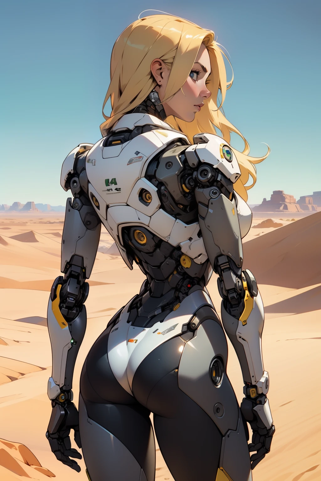 high quality, 4k, masterpiece, beautiful, cyborg girl, cowboy shot, dull eyes, back side, turning around to look at viewer, long blonde hair, girl, small breasts, fit thigh, robotic arms, robotic body, cyborg body, yellow accent, redaccent, intricate detail, joint, detailed lines, robotic detail, 1fist on hip, color robotic parts, robotic parts with color, perfect fingers, on a desert planet, sunny background, colorful desert,