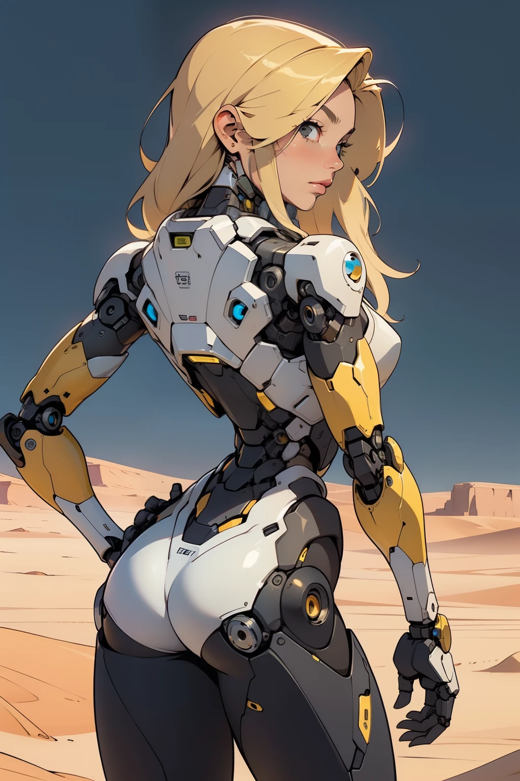 high quality, 4k, masterpiece, beautiful, cyborg girl, cowboy shot, dull eyes, back side, turning around to look at viewer, long blonde hair, girl, small breasts, fit thigh, robotic arms, robotic body, cyborg body, yellow accent, redaccent, intricate detail, joint, detailed lines, robotic detail, 1fist on hip, color robotic parts, robotic parts with color, perfect fingers, on a desert planet, sunny background, colorful desert,