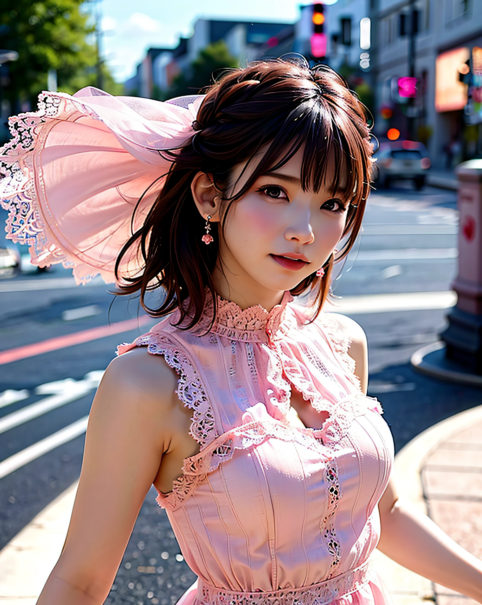 (masterpiece, realistic, photo-realistic:1.2), finely detail, ultra high res, perfect anatomy, best quality, 8K, soft focus, upper body shot, (happy smile:1.3), (2girls, 15yo Japanese girls, height 1.5meters:1.2), (elaborated costume:1.2), (sexy pose emphasized breasts, standing on road, cleavage, focus on breasts:1.2), (light pink hair, short hair, blunt bangs:1.2), beautiful detailed face and big eyes, (white and smooth skin, glowing fair skin:1.3), (pointed huge breasts, gigantic breasts:1.3), (bloom, detailed background, beautiful downtown, superb view in Harajuku:1.2),