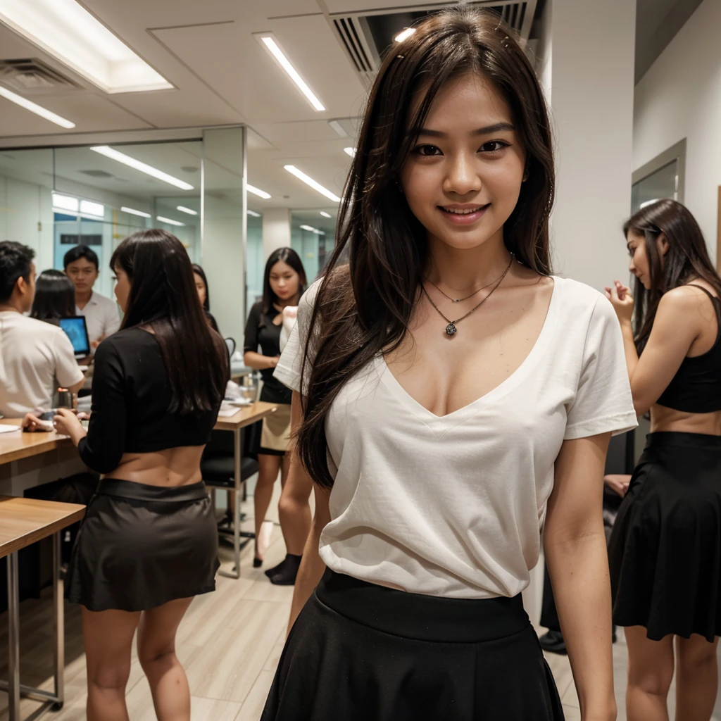 (Best Quality, 8K, Masterpiece:1.1), thai 25years old beauty), focus:1.7, perfect body beauty:1.4, buttocks:1.2, ((Delicate Hair)), ,(black long skirt:1.3, and white classic women's shirt:1.3), Highly Detailed Facial and Skin Texture, A detailed eye, double eyelids, whitening skin, small breasts, Smile, (Wearing necklaces:1.1), seductive face, work, sweating, cell, one girl, [STYLE OF PHOTO: candid/documentary photography] [SUBJECT: photorealistic portrait of a 25-year-old Thai girl with long, flowing black hair and striking brown eyes] [POSE OR ACTION: Laughing joyfully, capturing a genuine and carefree moment, casually dressed in everyday work attire.] [FRAMING: close up on face] [SETTING/BACKGROUND: Capturing a candid moment in a co-working space in Bangkok, surrounded by colleagues and the buzz of a collaborative environment.] [LIGHTING: soft diffused lighting] [CAMERA ANGLE: eye level] [CAMERA PROPERTIES: Fujifilm X-T4 with a 35mm lens] [PHOTOGRAPHER: Miko Lagerstedt] Grateful for a productive day in the office, now enjoying the serene evening vibes in the heart of Bangkok.