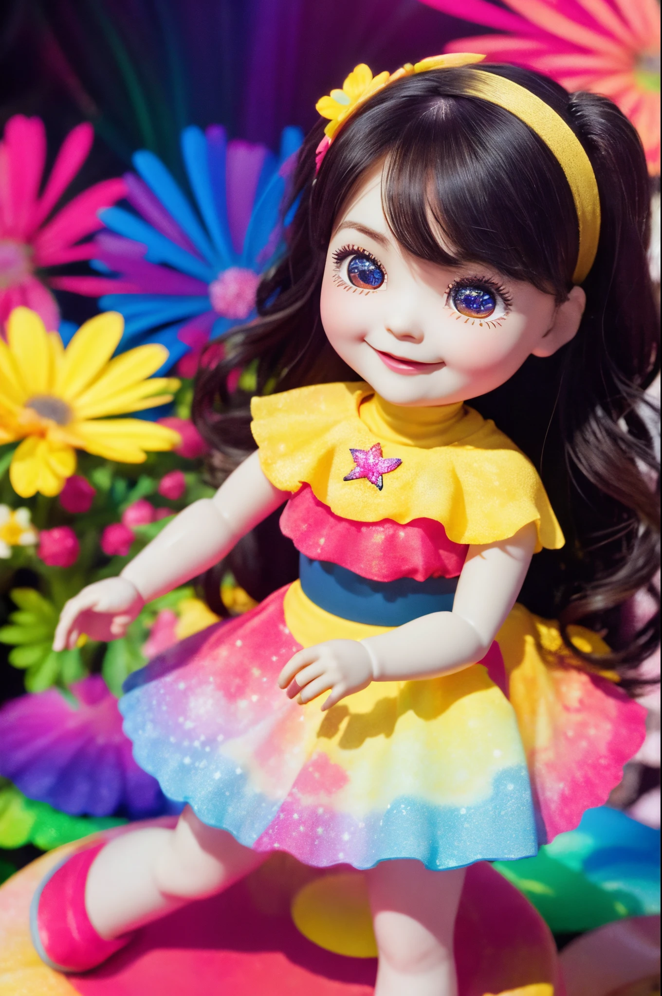 Extremely detailed,(Fractal Art:1.1),(Colorful:1.1)(Flowers:1.3)、 (Dynamic Pose), (Abstract background:1.3)、(Many colors:1.4)、Place one small doll on a circular stand、kawaii pose、A smile、A dark-haired、Chibi Doll、Stars in the eyes（kirakira）、Singing with microphone in hand、Eye Up、Laugh、Cute red shoes、Ultra Detail, radiant light、bio luminescent、Stronger bokeh effect、Taken from the side