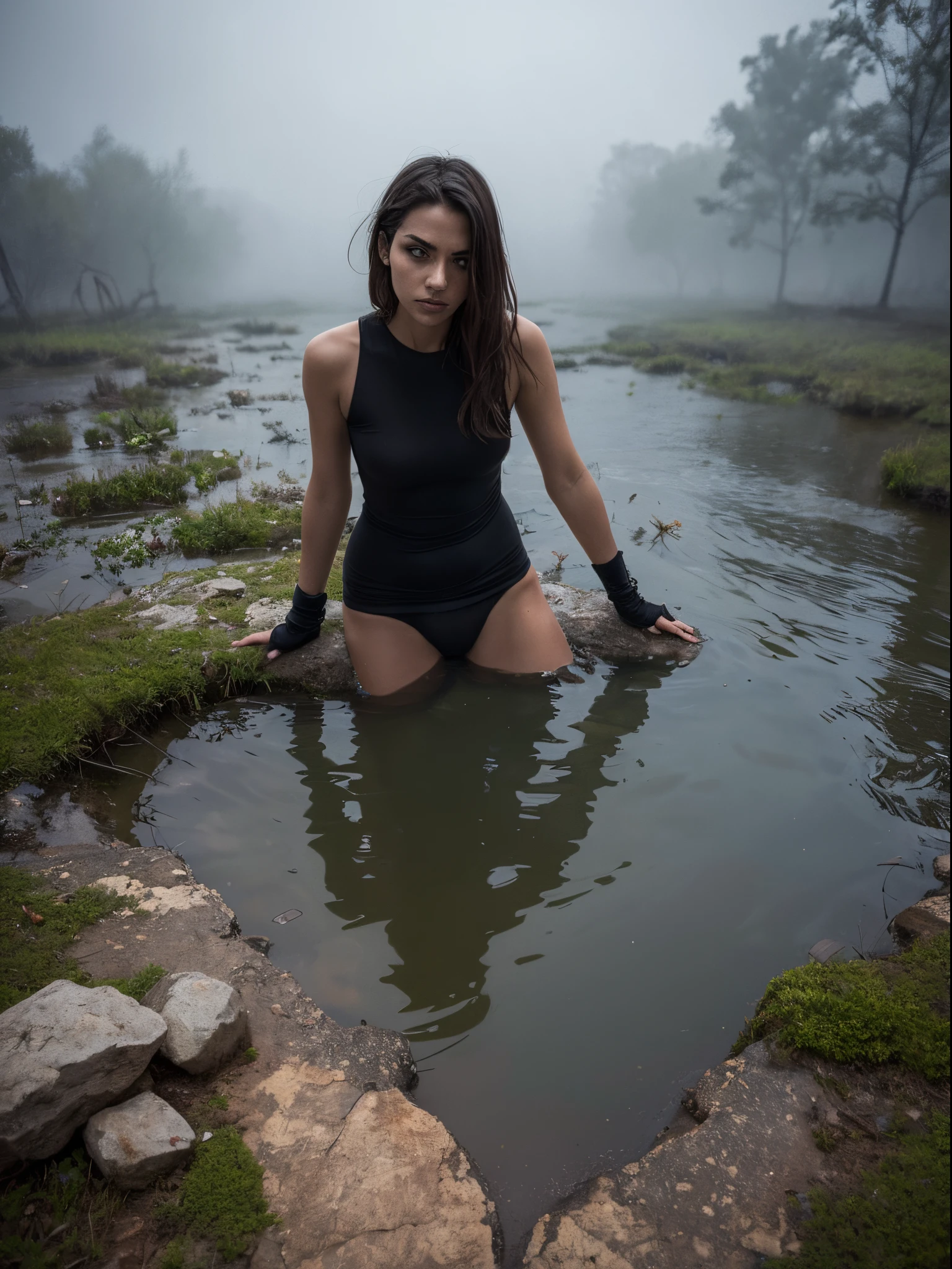 nude brunette white woman sitting on a big rock through a misty rainy pine forest barefoot, 8k, perfect detail, realistic, sexy pose, soaking wet